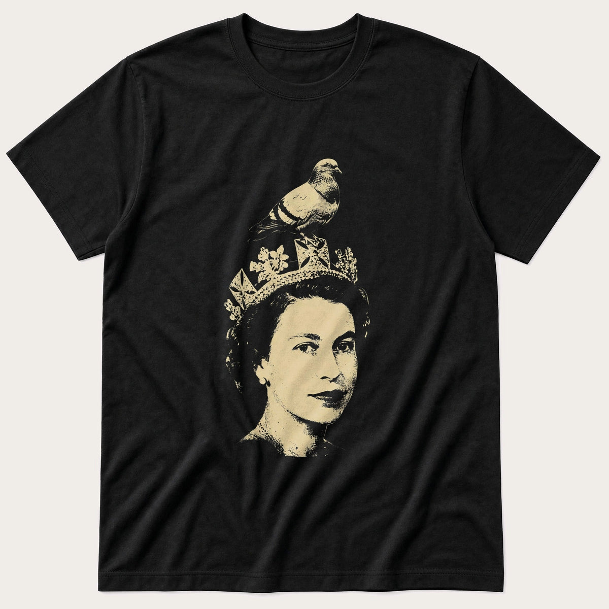 Queen Elizabeth Pigeon 7 — Black T-Shirt