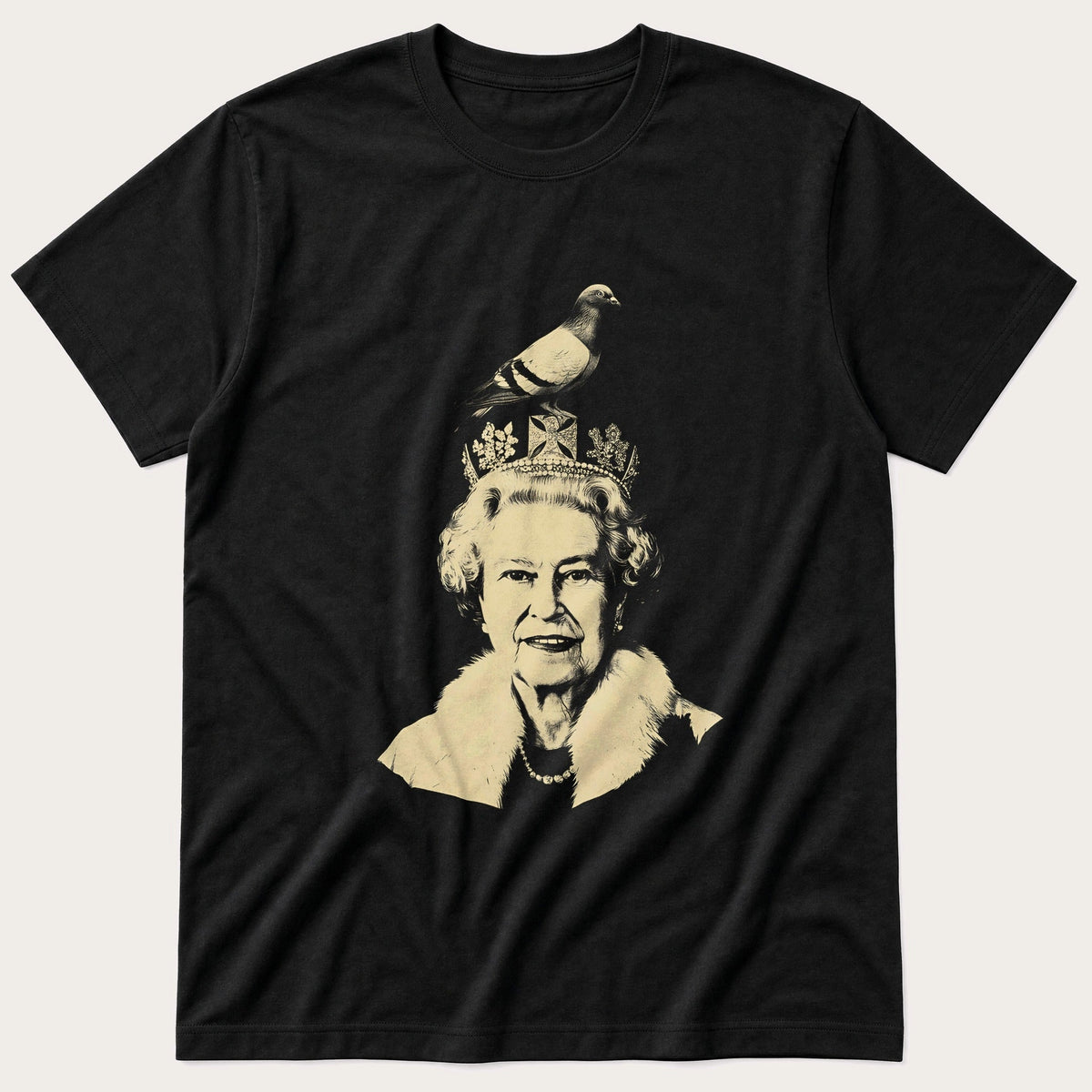 Queen Elizabeth Pigeon 9 — Black T-Shirt