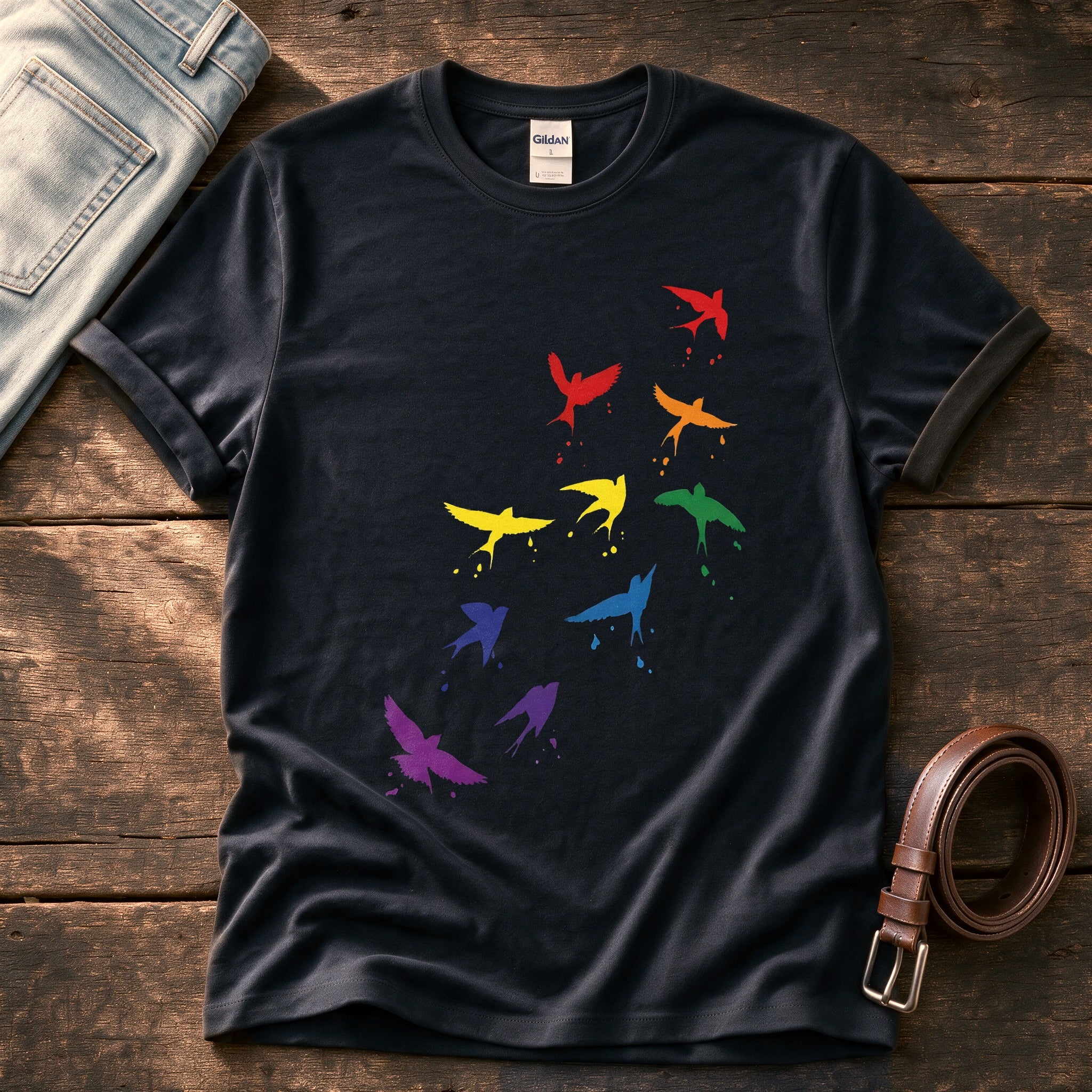 Rainbow birds — Black Comfort Colors tee