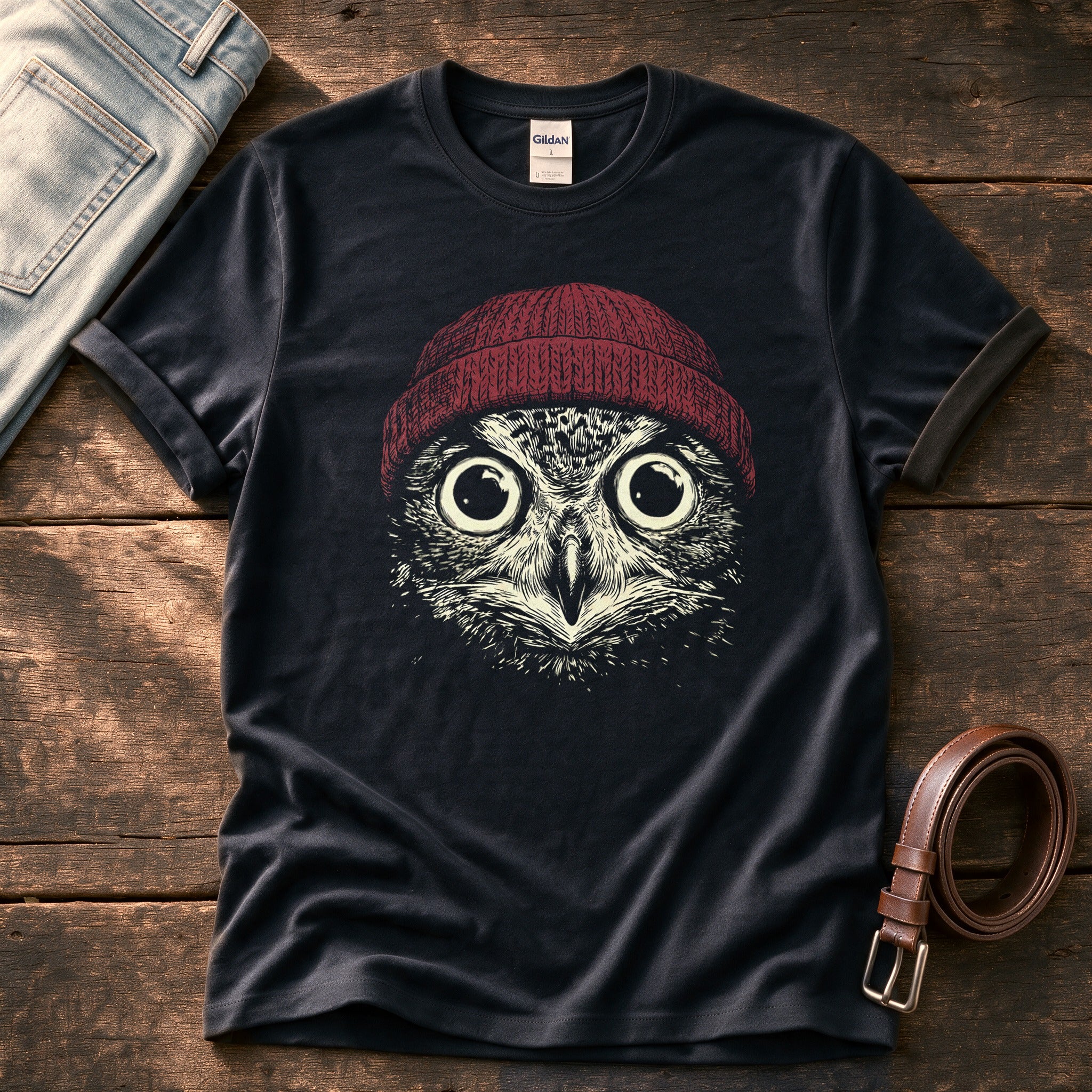 Red Beanie Owl — Black Comfort Colors tee