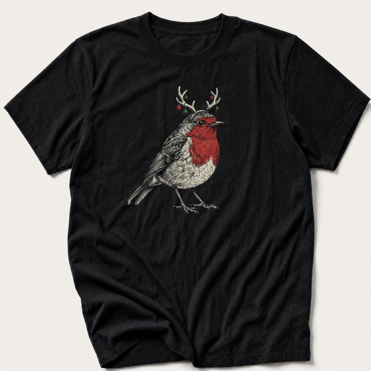 Reindeer Antler Robin — Black T-Shirt