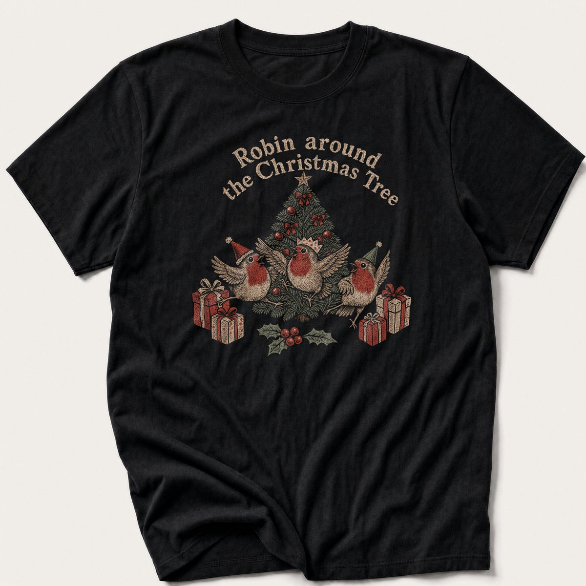 Robin Around Embroidery — Black T-Shirt