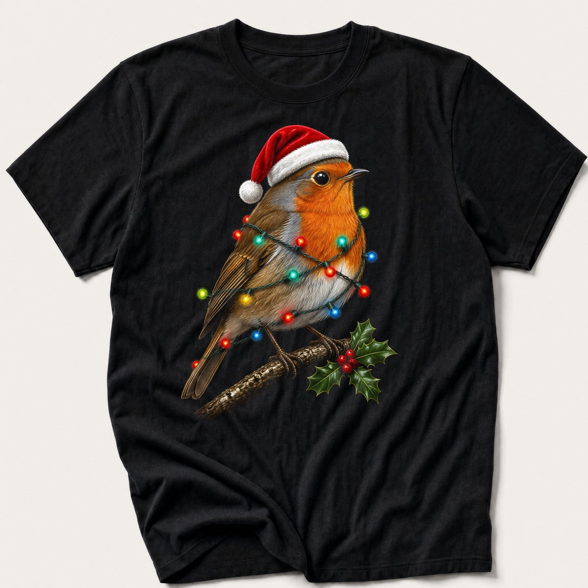 Robin In Fairy Lights — Black T-Shirt