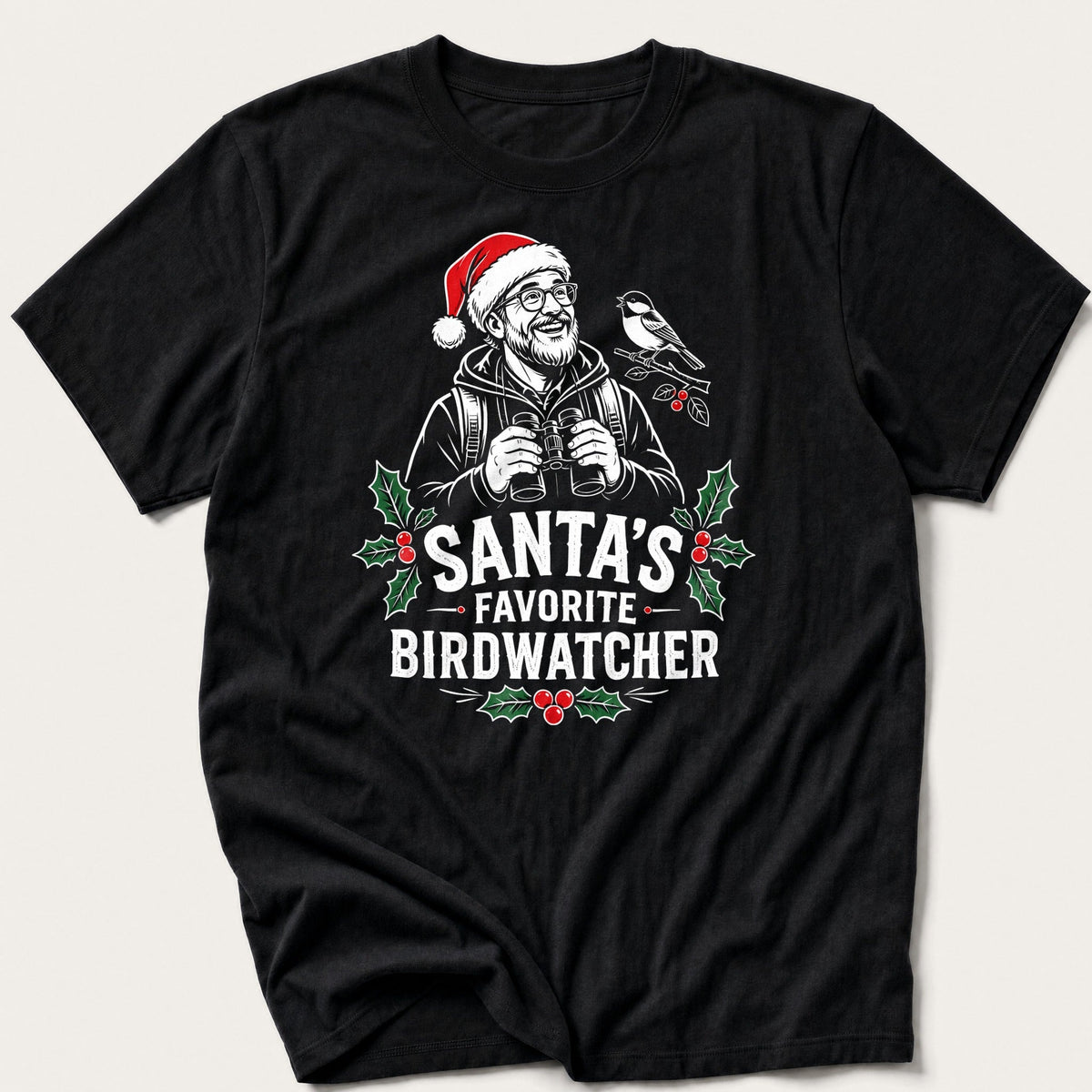 Santa's Favorite Birdwatcher — Black T-Shirt