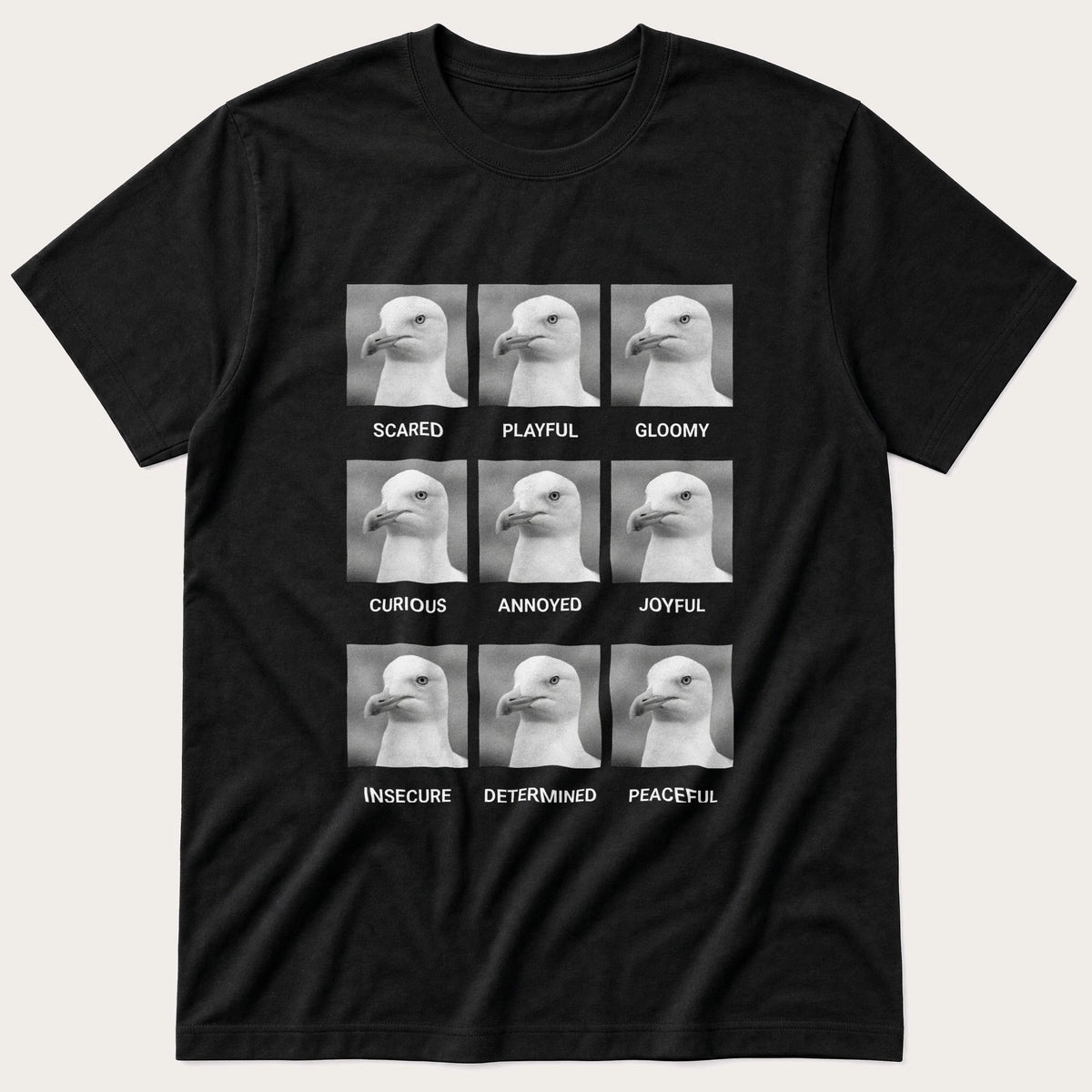 Seagull Emotions — Black T-Shirt