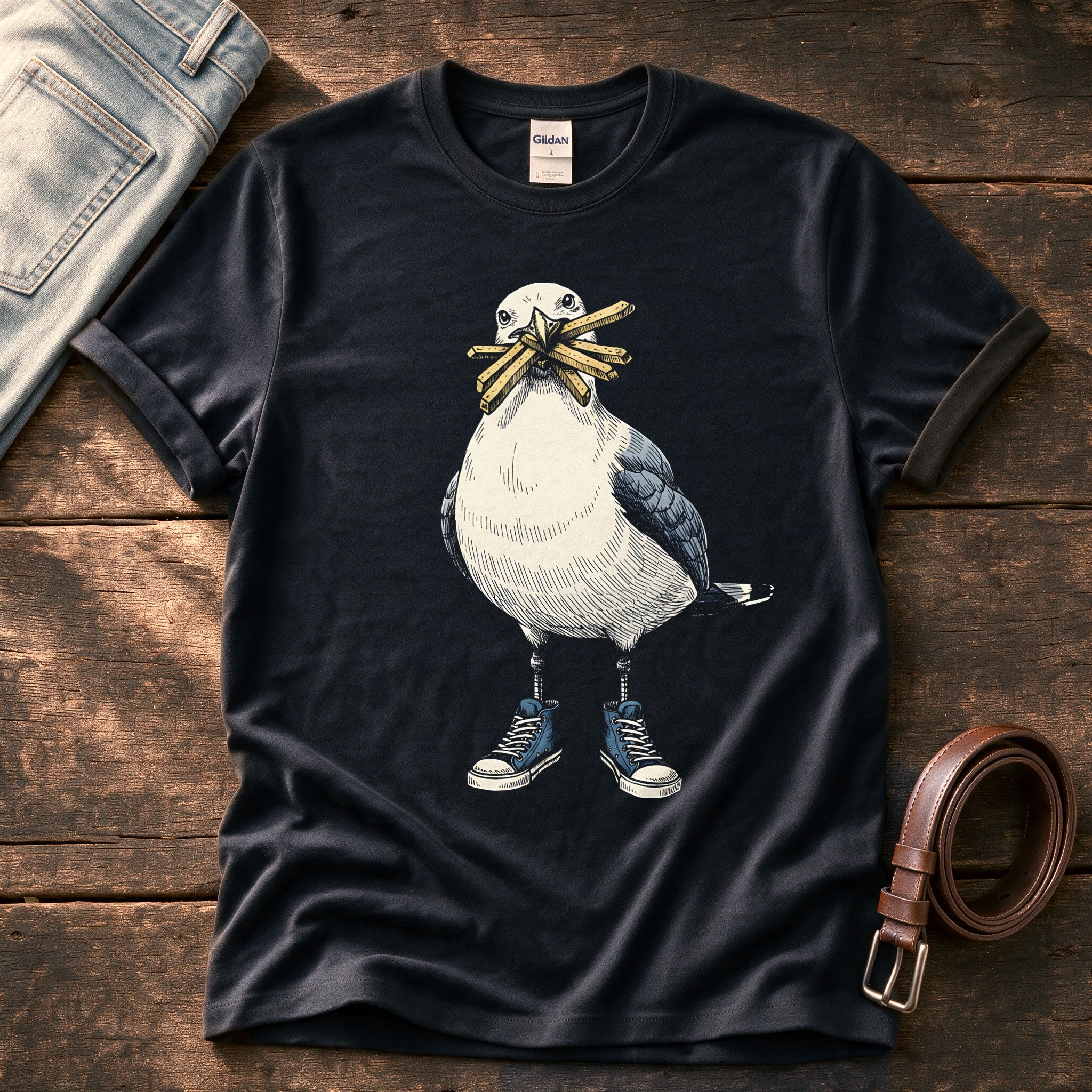 Seagull With Chips 2 — Black Comfort Colors tee