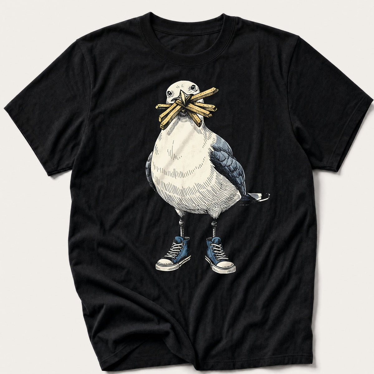 Seagull With Chips — Black T-Shirt