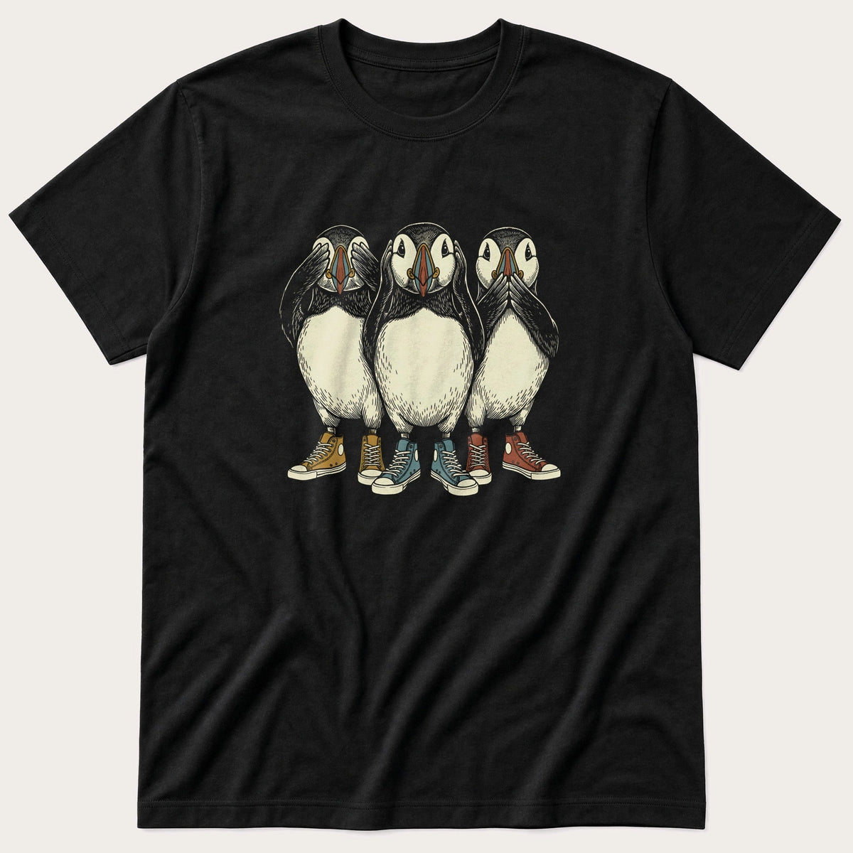 See Hear Speak Puffins 1 — Black T-Shirt