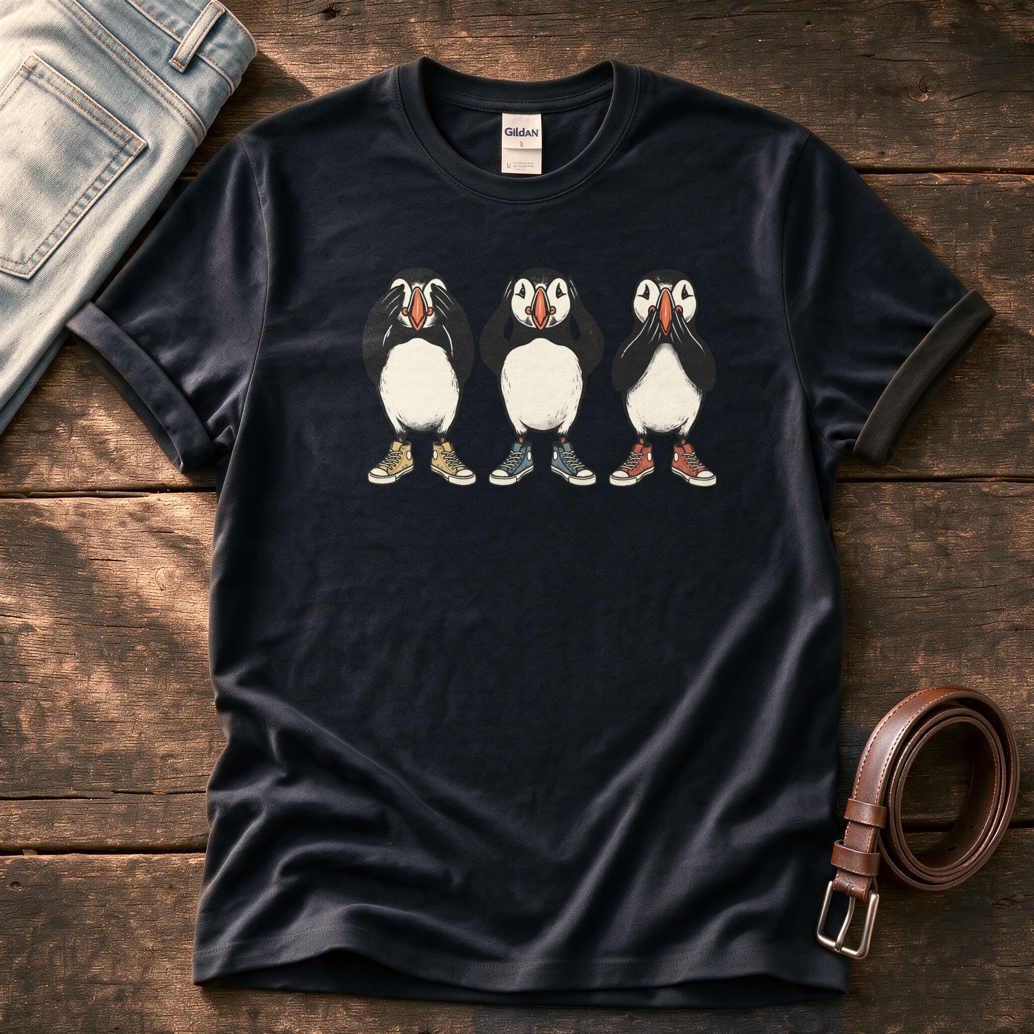 See Hear Speak Puffins 5 — Black Comfort Colors tee