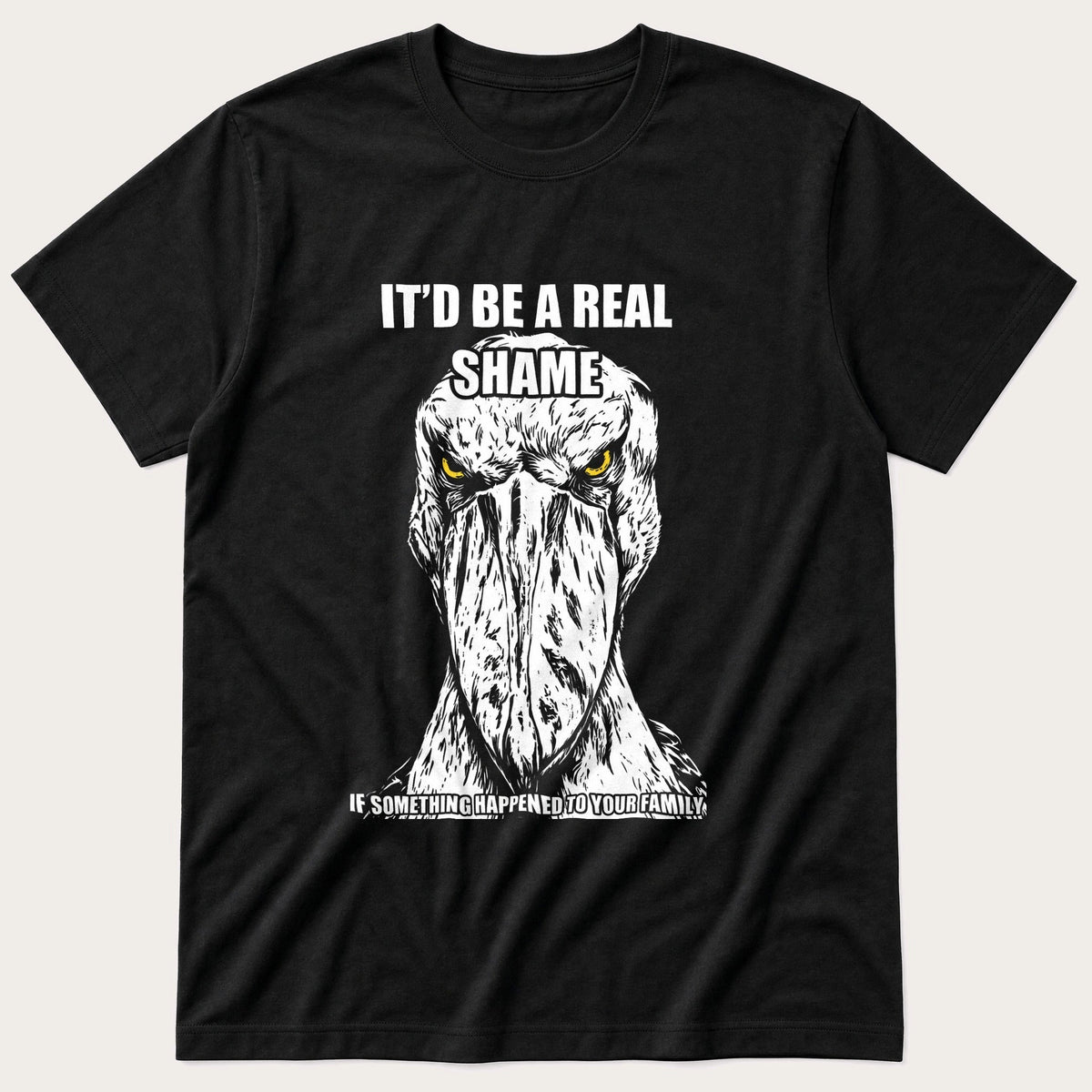 Shoebill Threat Linocut — Black T-Shirt