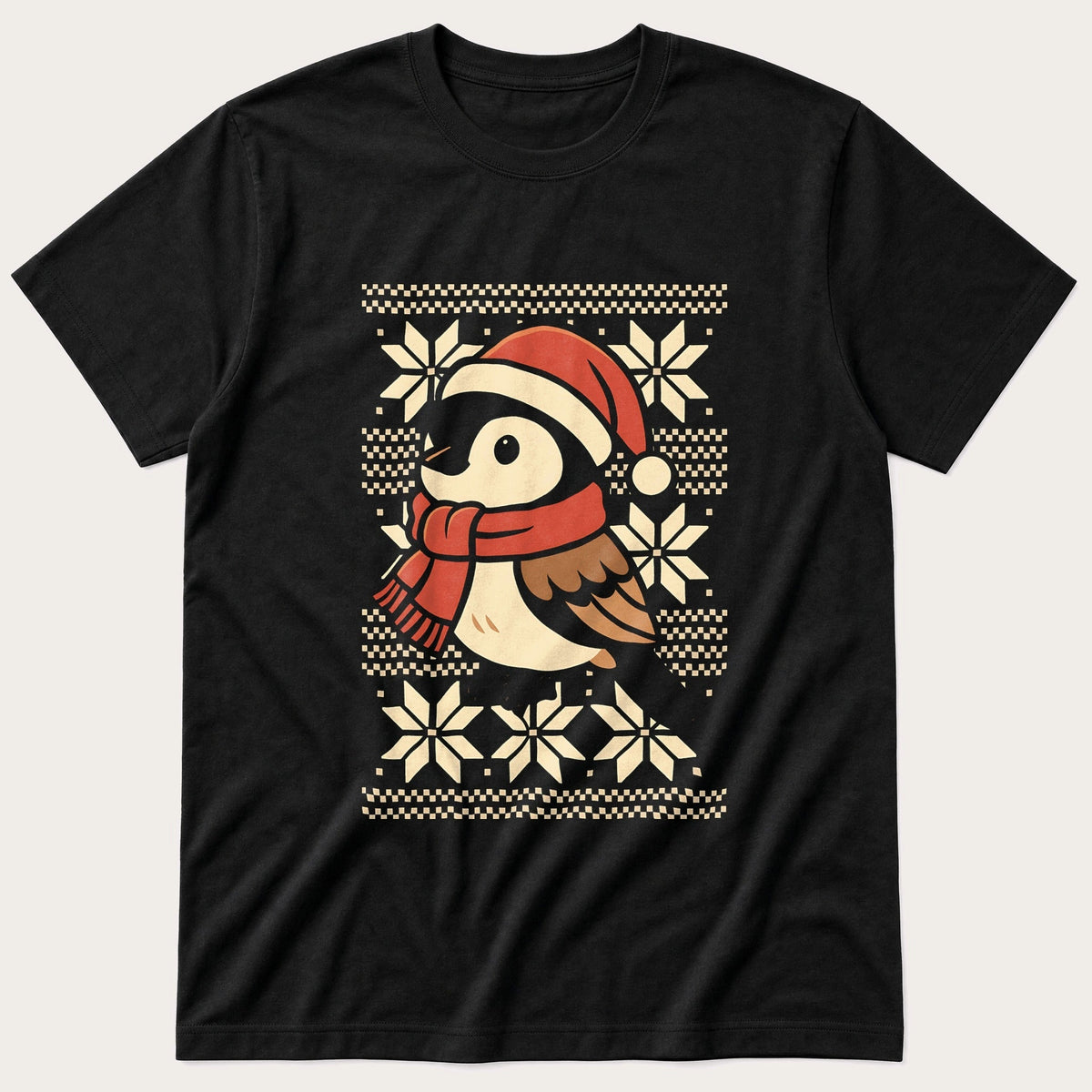 Simple Christmas Sweater Bird — Black T-Shirt