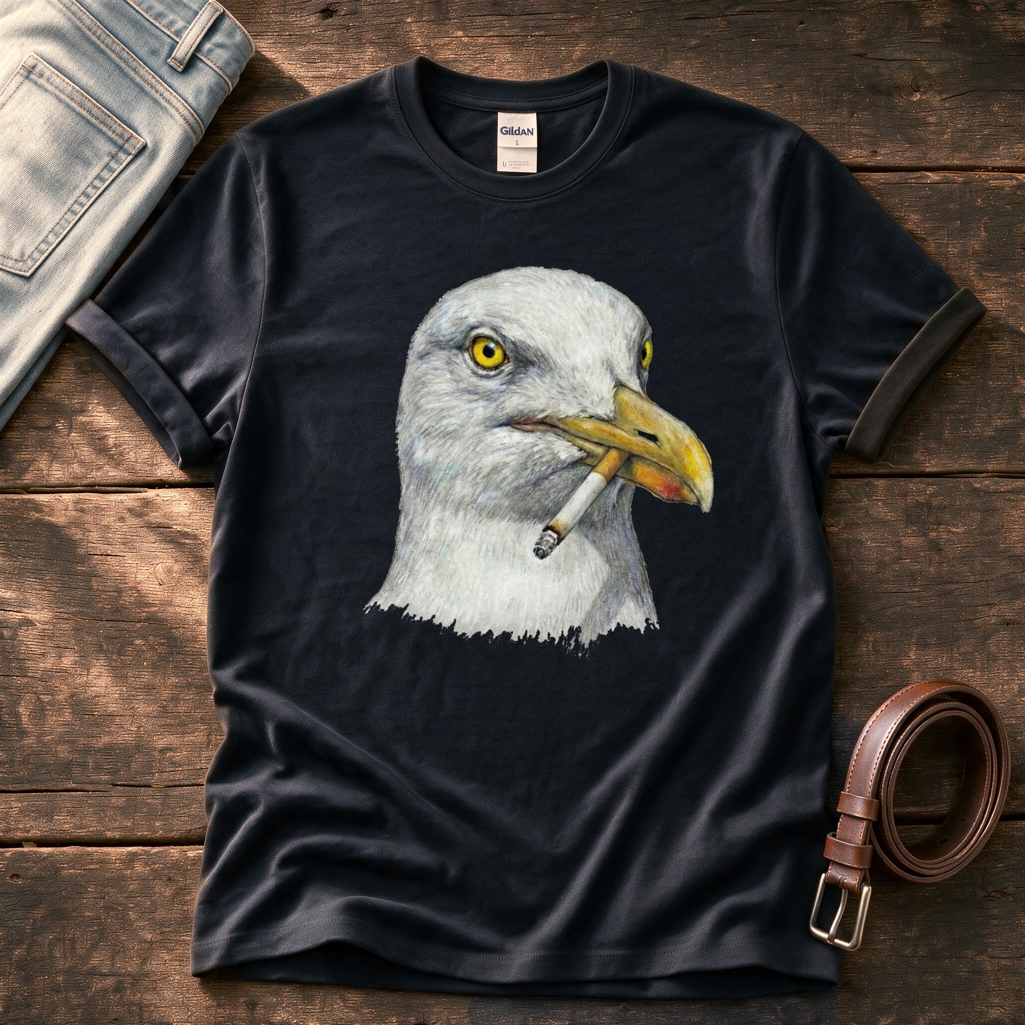 Smoking Seagull 8 — Black Comfort Colors tee