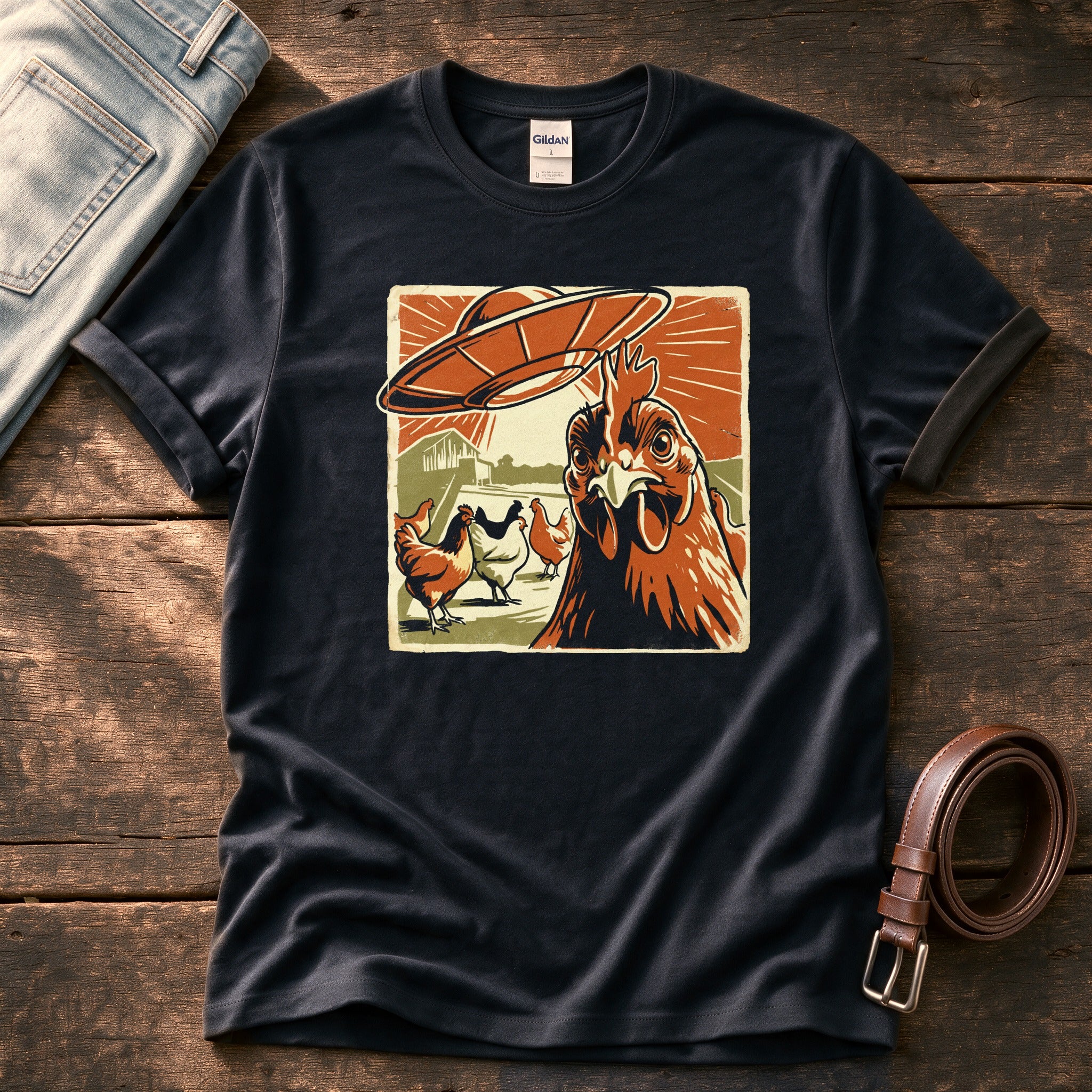 Spaceship Chicken 45 — Black Comfort Colors tee