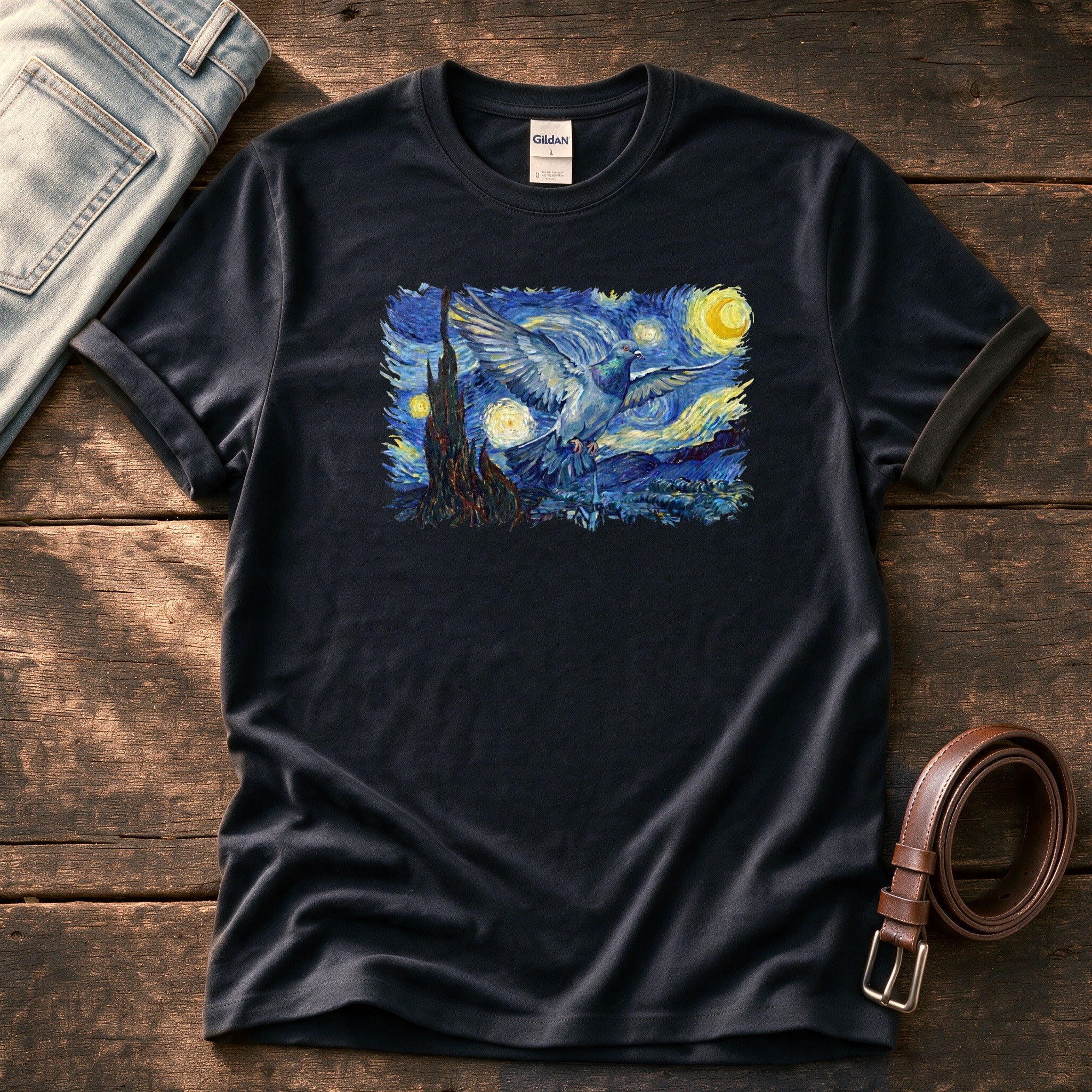 Starry Night Pigeon — Black Comfort Colors tee
