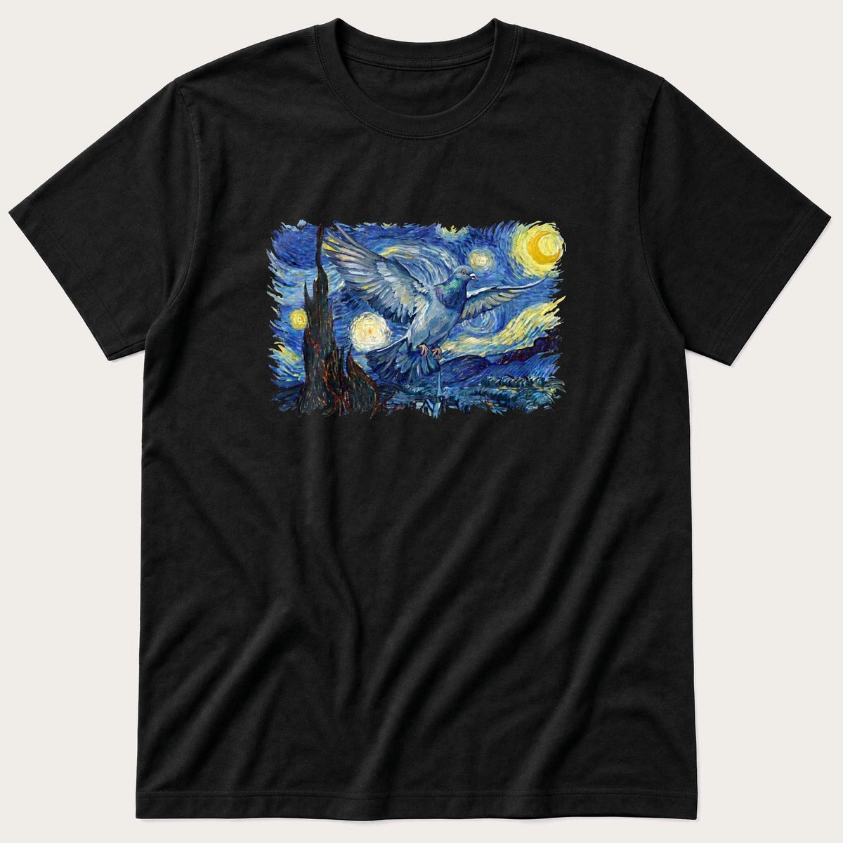Starry Night Pigeon — Black T-Shirt