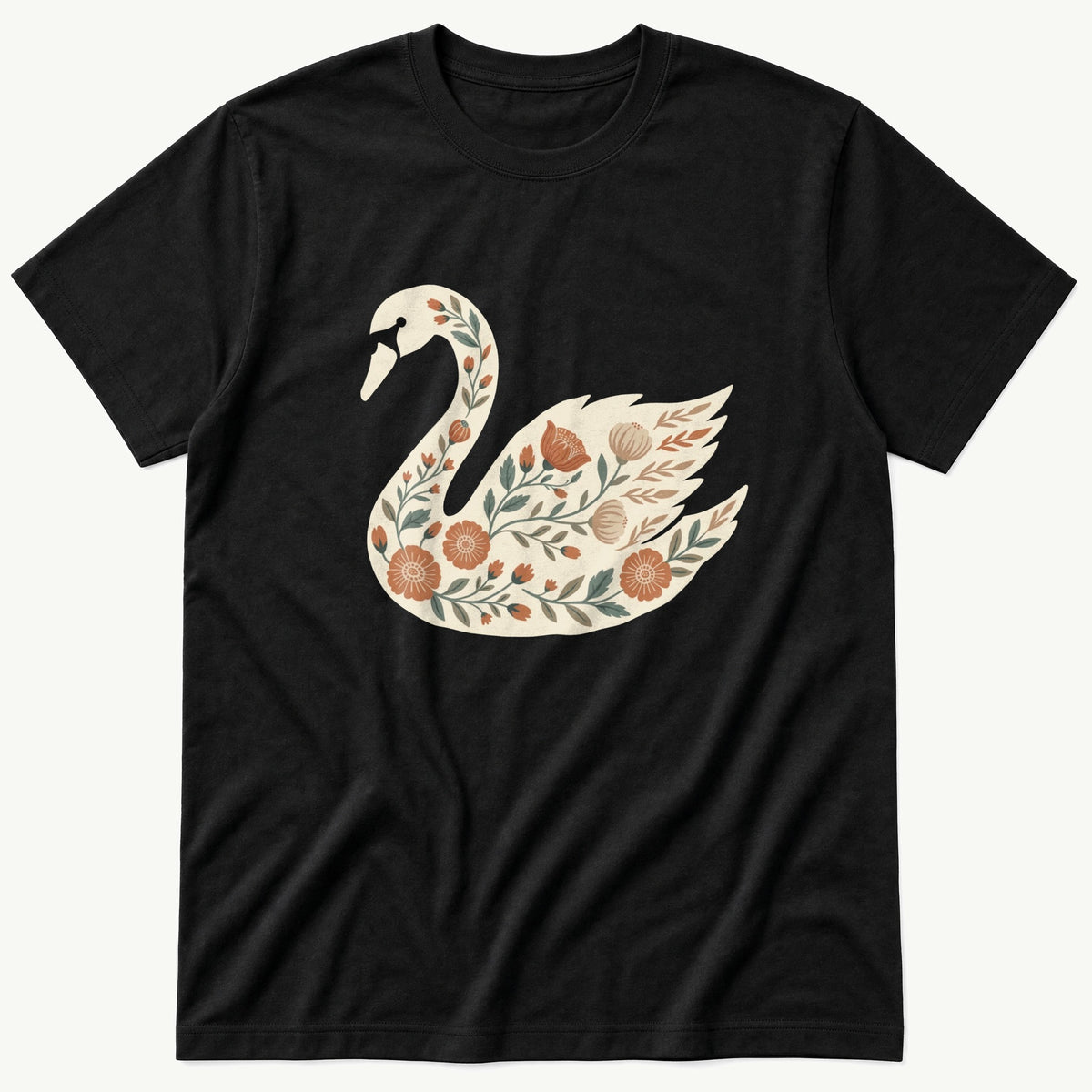 Swan Floral Pattern — Black T-Shirt