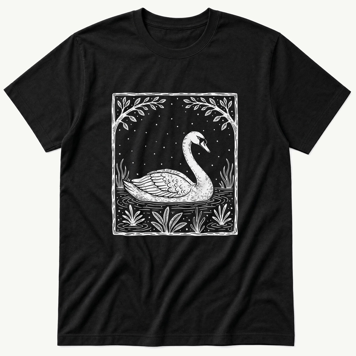Swan WoodCut Print — Black T-Shirt