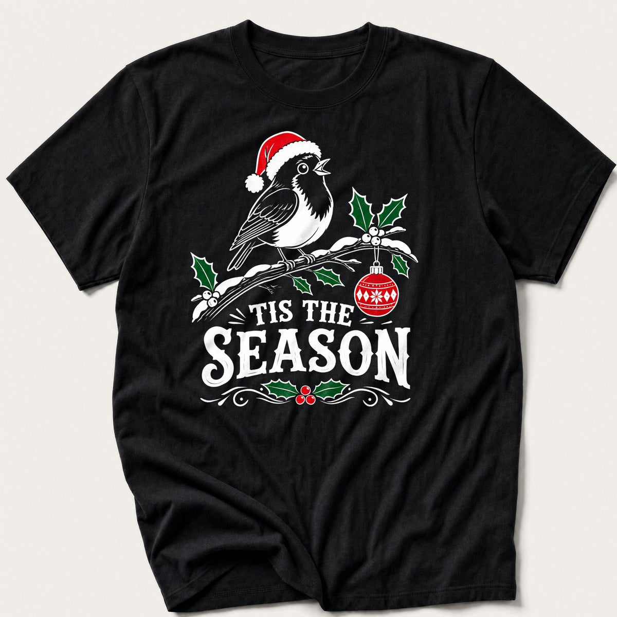 'Tis The Season Robin — Black T-Shirt