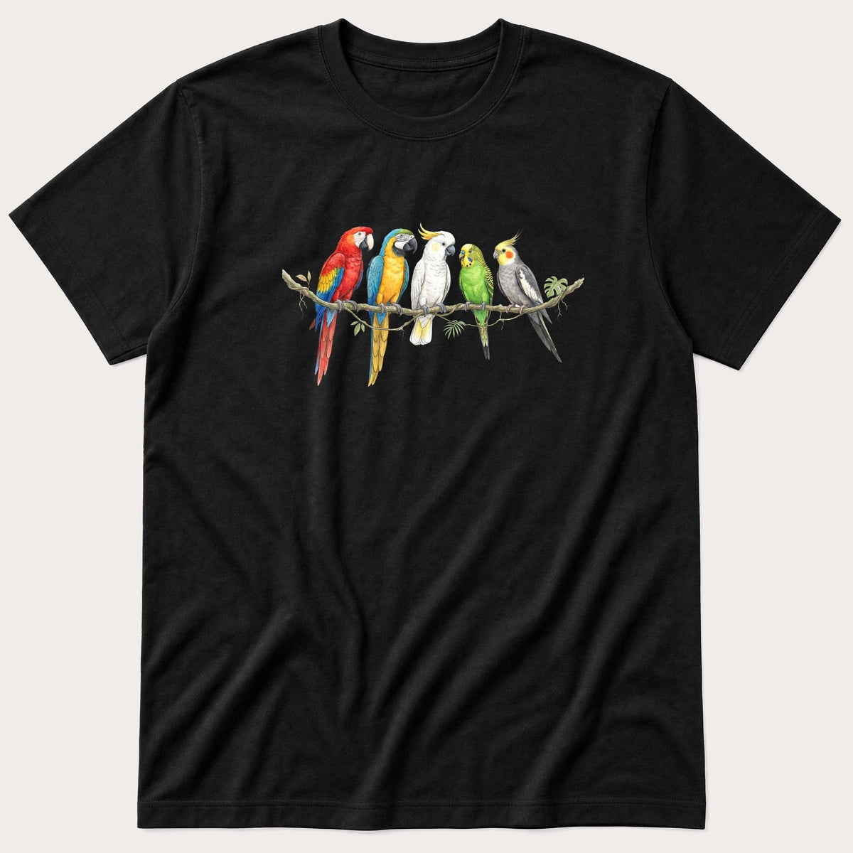Tropic Birds On Branch — Black T-Shirt