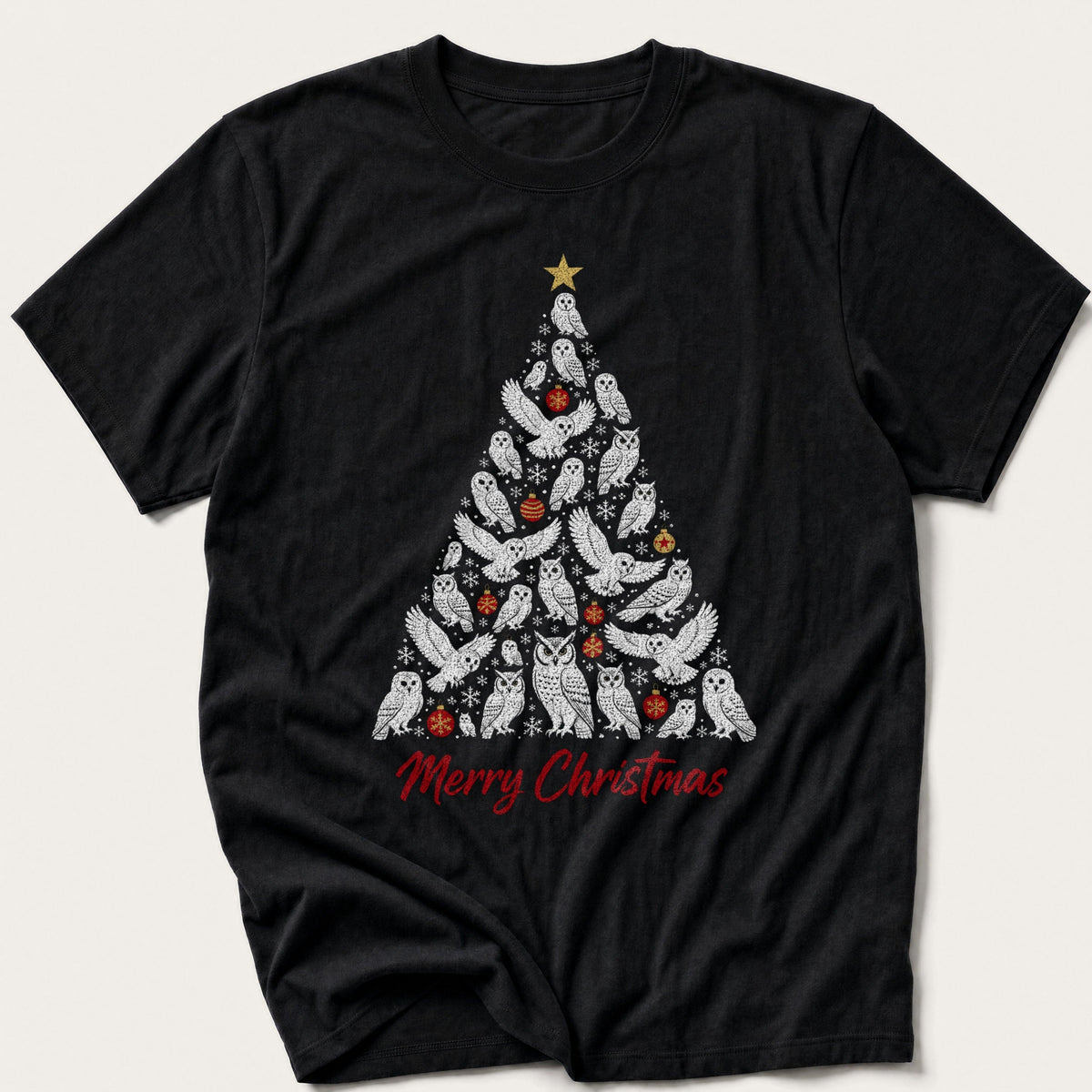 White Owl Christmas Tree — Black T-Shirt