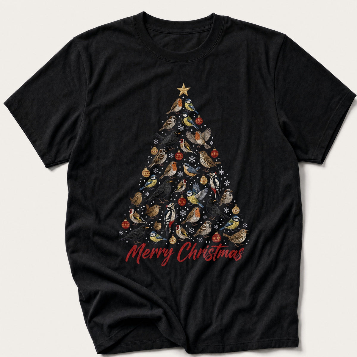 Winter Bird Christmas Tree — Black T-Shirt