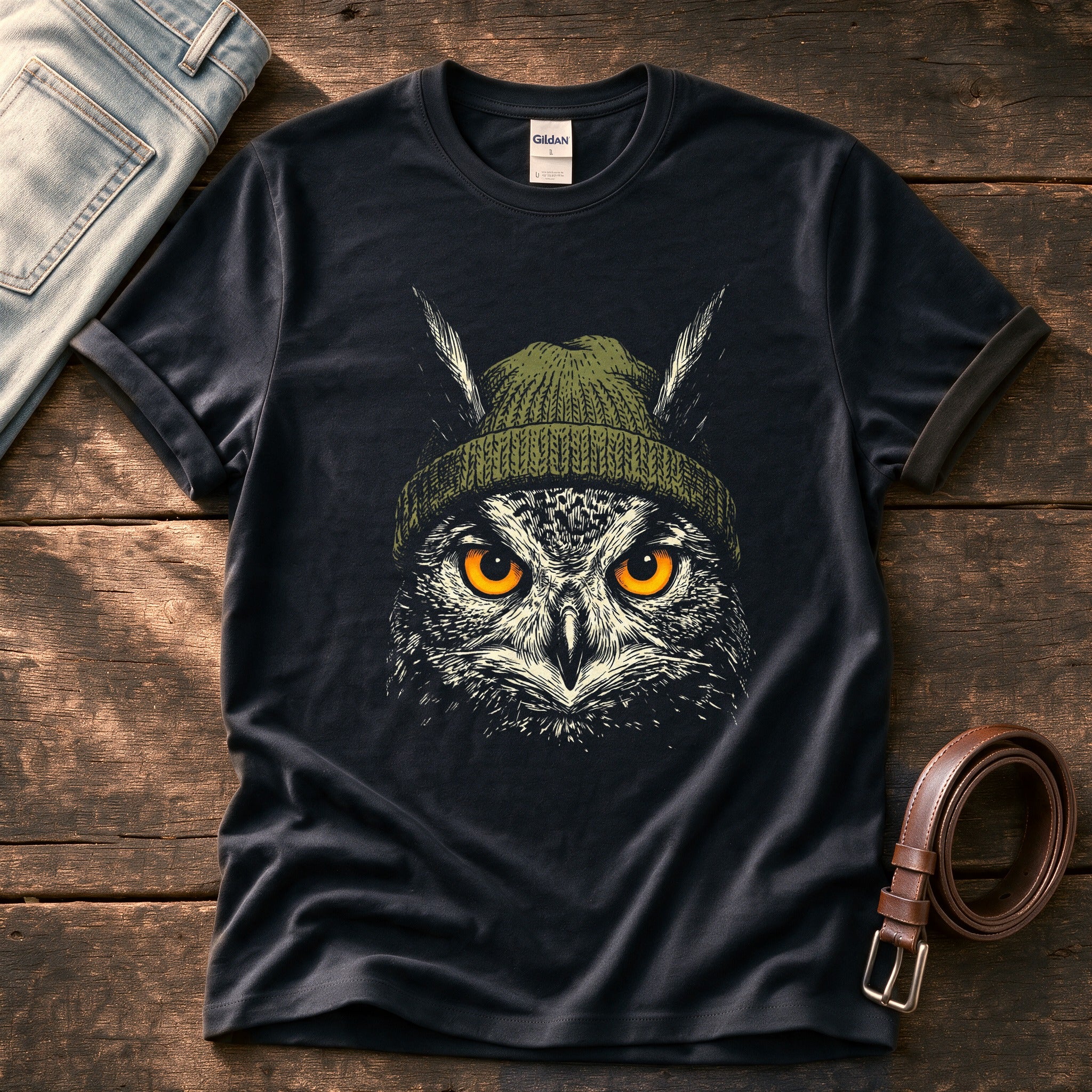 Woodland Owl Beanie 7 — Black Comfort Colors tee