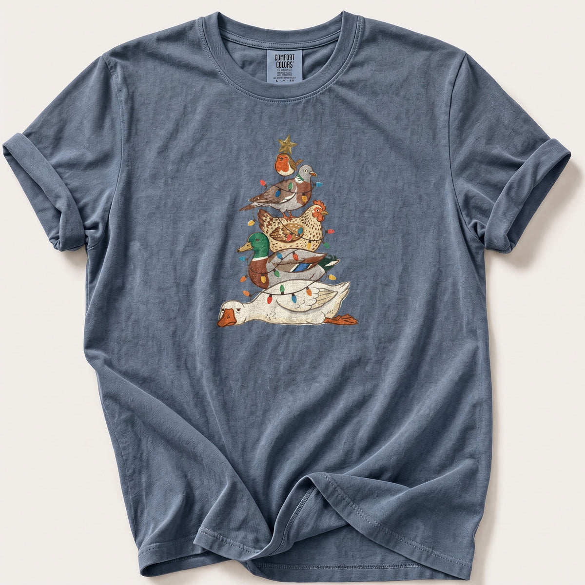 Bird Stack Christmas Tree — Blue Jean Comfort Colors tee
