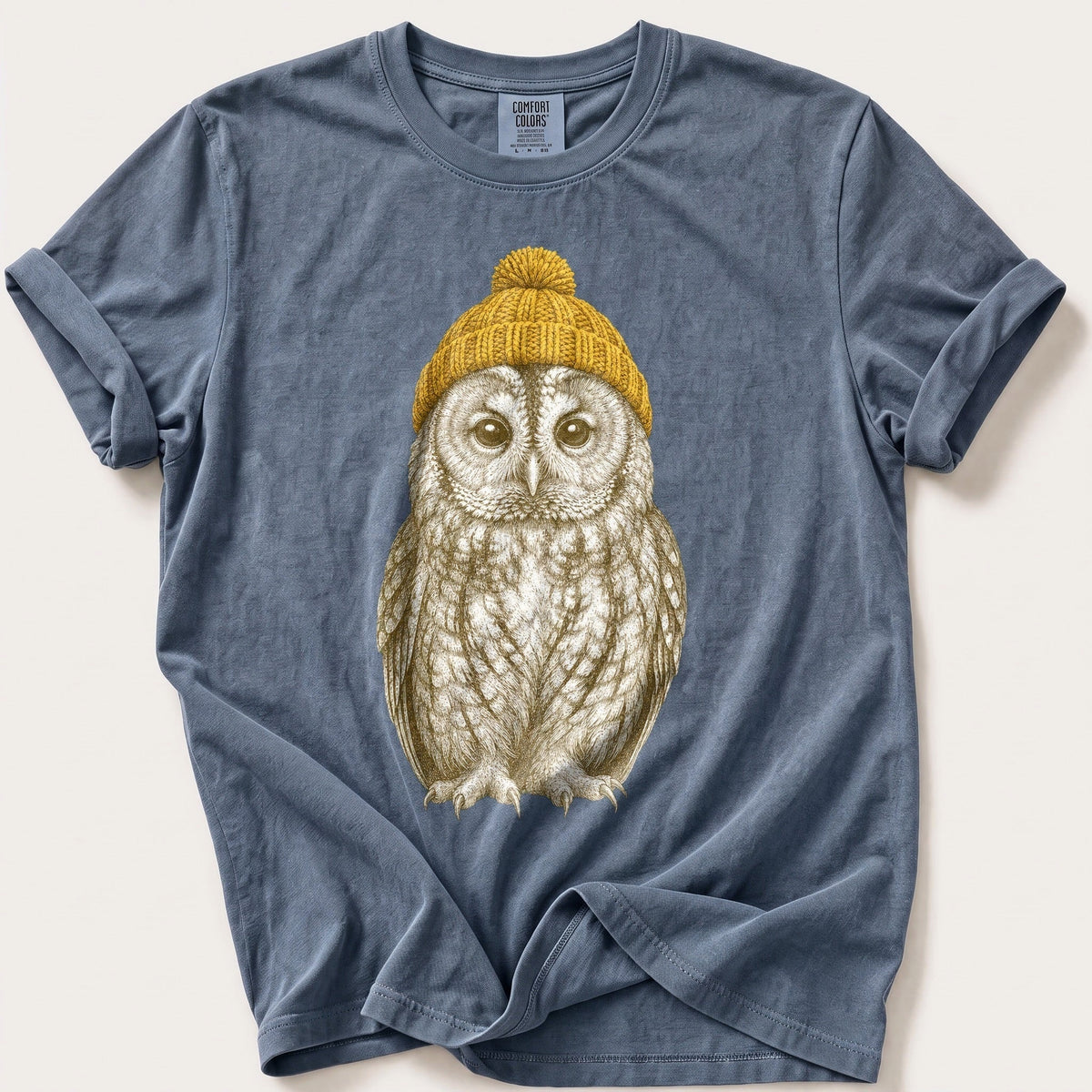 Bobble Hat Tawny Owl — Blue Jean Comfort Colors tee
