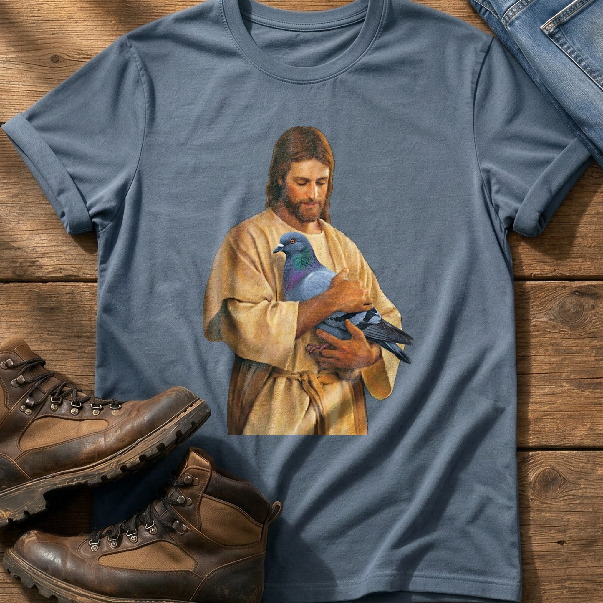 Christ With Pigeon 4 — Blue Jean Comfort Colors tee
