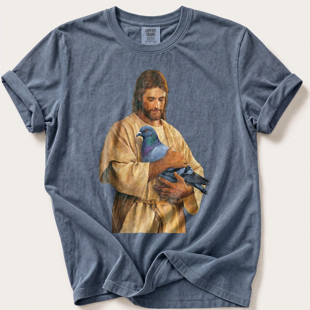 Christ With Pigeon 4 — Blue Jean Comfort Colors tee