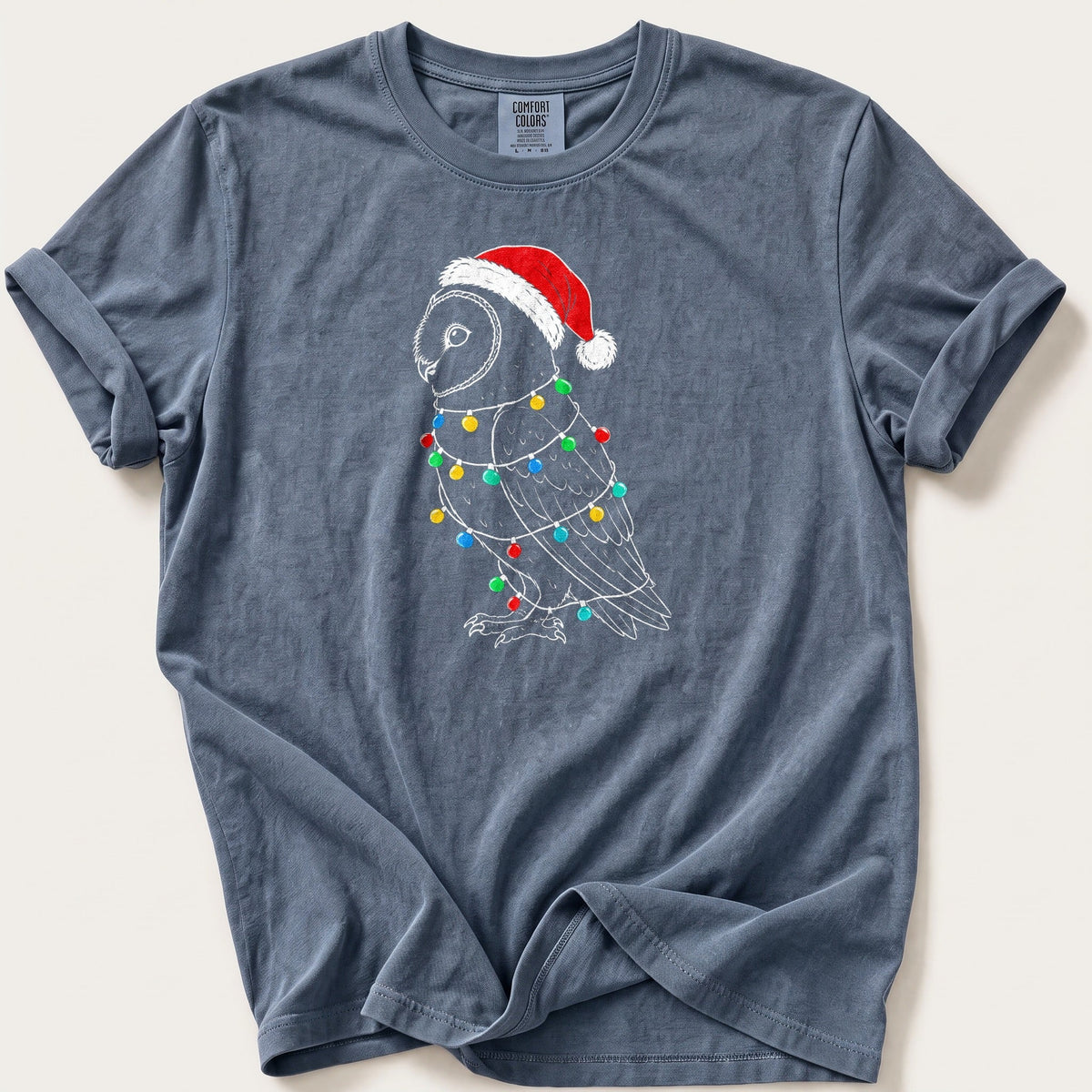 Fairy Light Barn Owl Outline — Blue Jean Comfort Colors tee