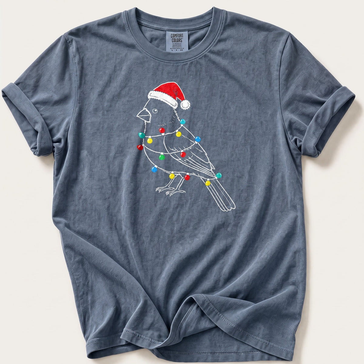 Fairy Light Cardinal Outline — Blue Jean Comfort Colors tee