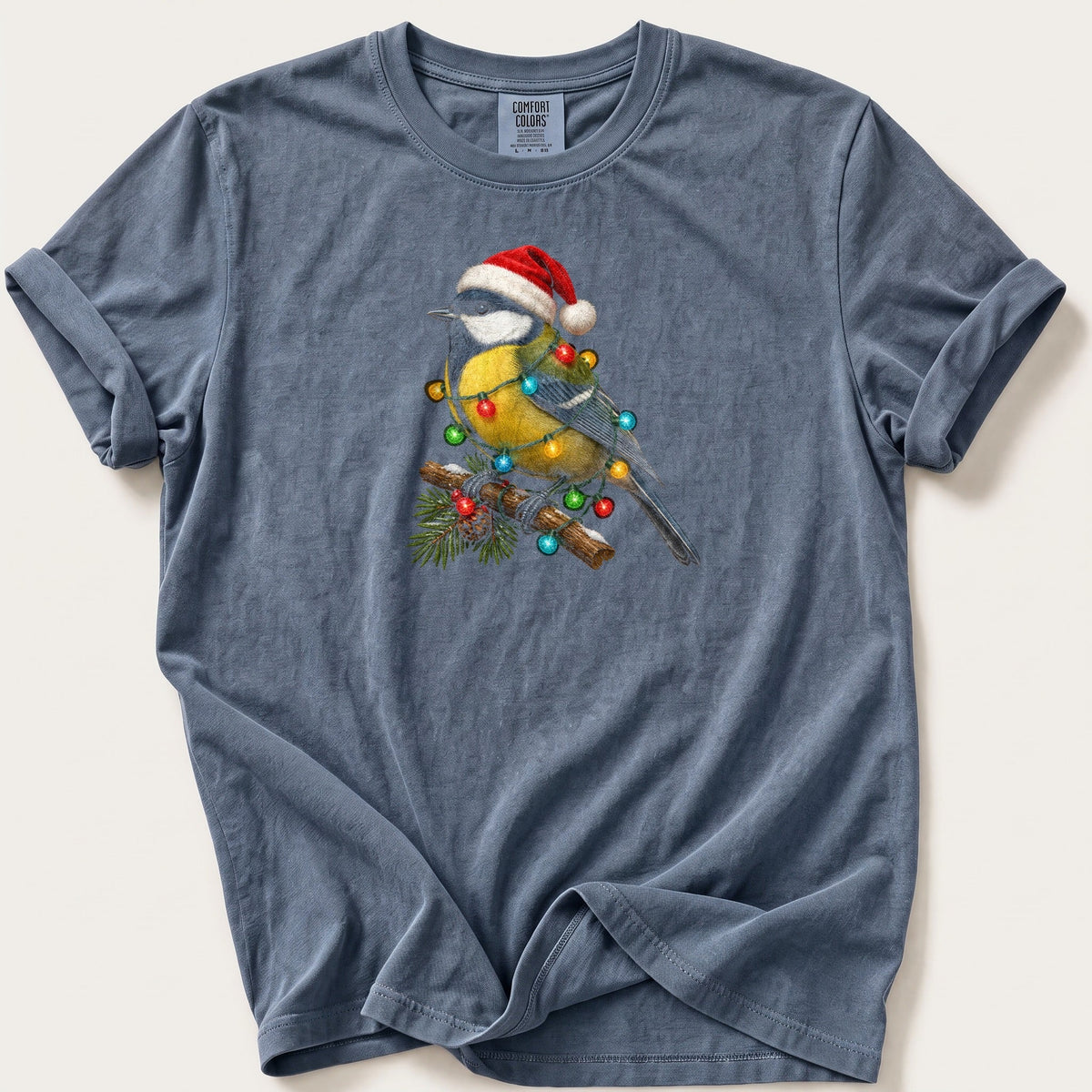 Fairy Light Great Tit — Blue Jean Comfort Colors tee