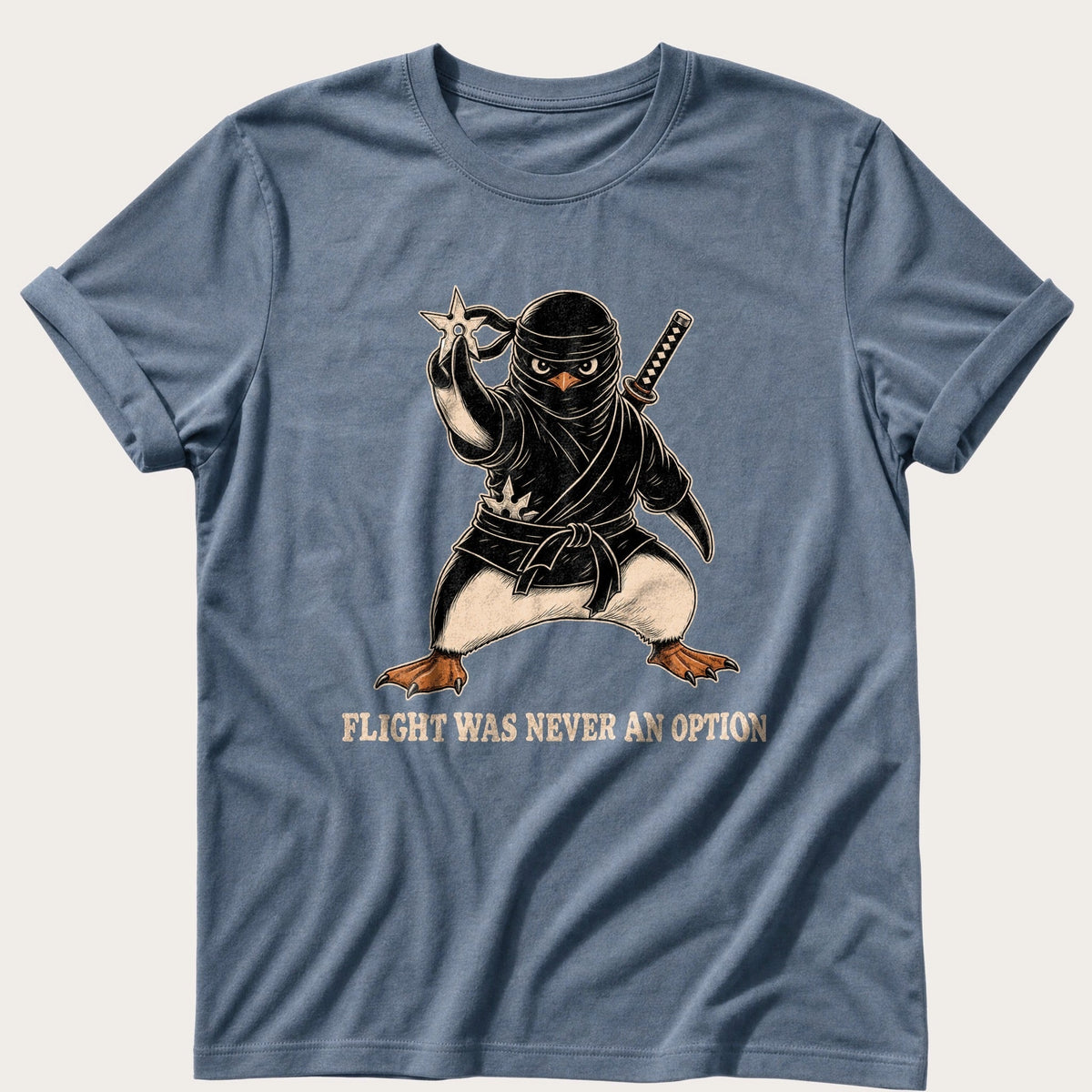 Flight Was Never An Option Ninja Penguin — Blue Jean Comfort Colors tee