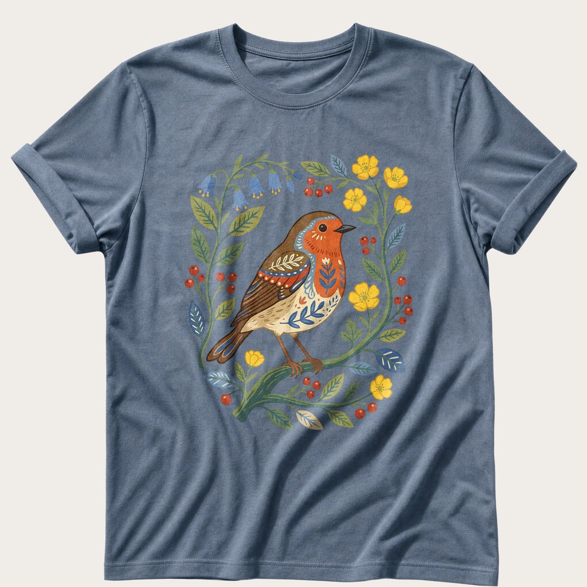 Folk Style Robin — Blue Jean Comfort Colors tee