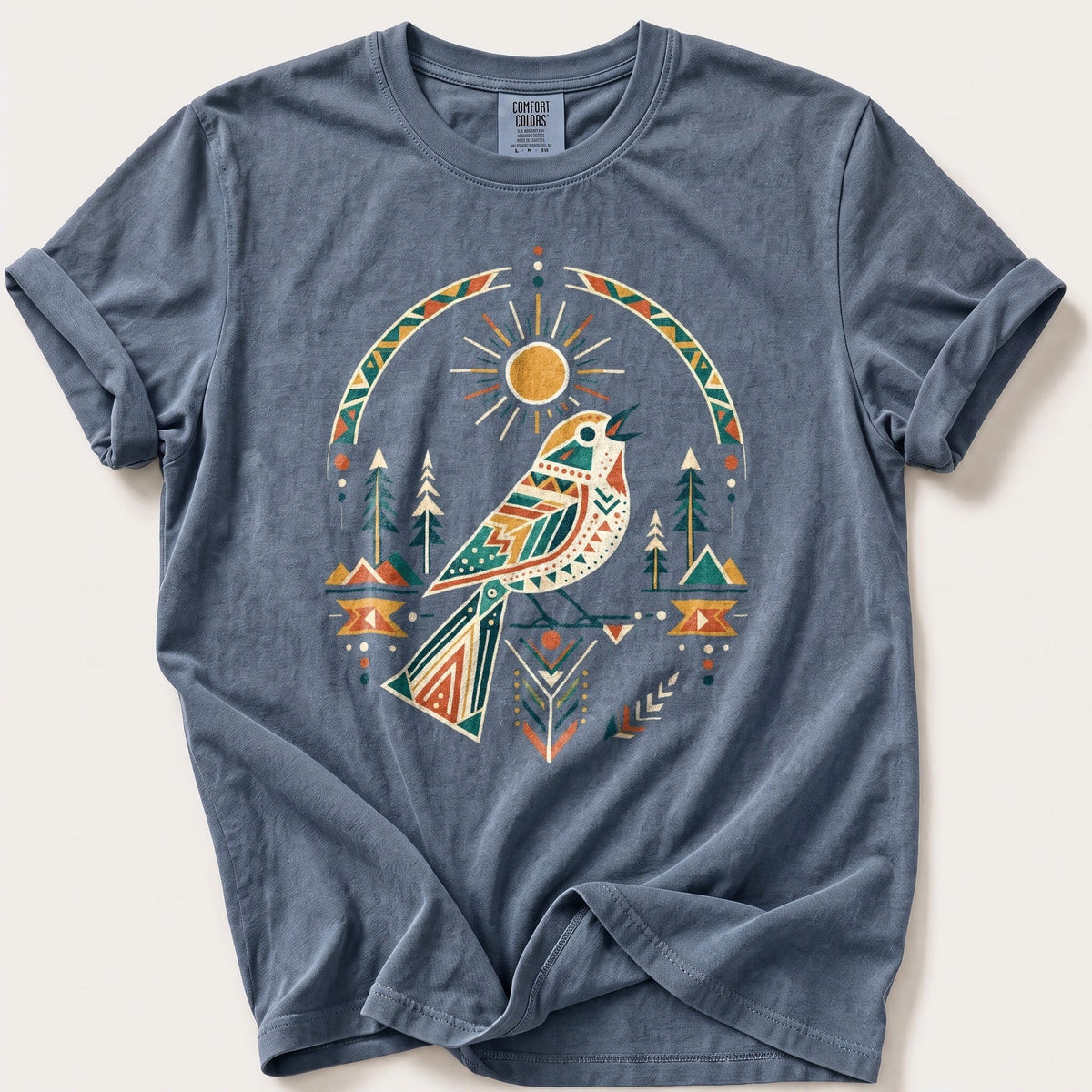 Geometric Sun Songbird — Blue Jean Comfort Colors tee