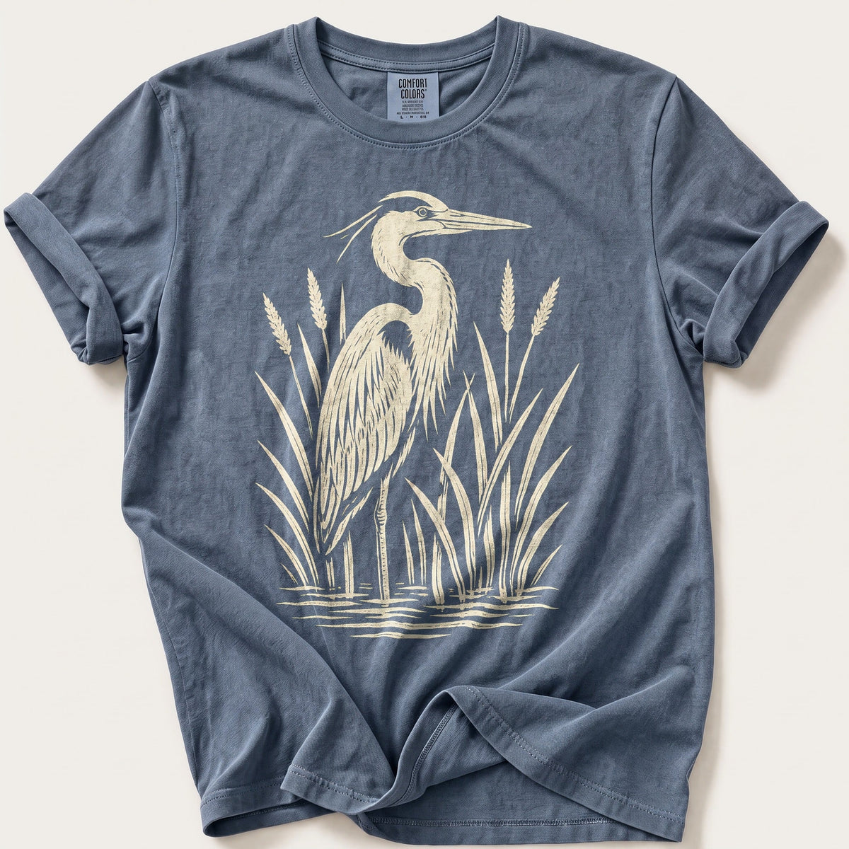 Linocut Heron — Blue Jean Comfort Colors tee
