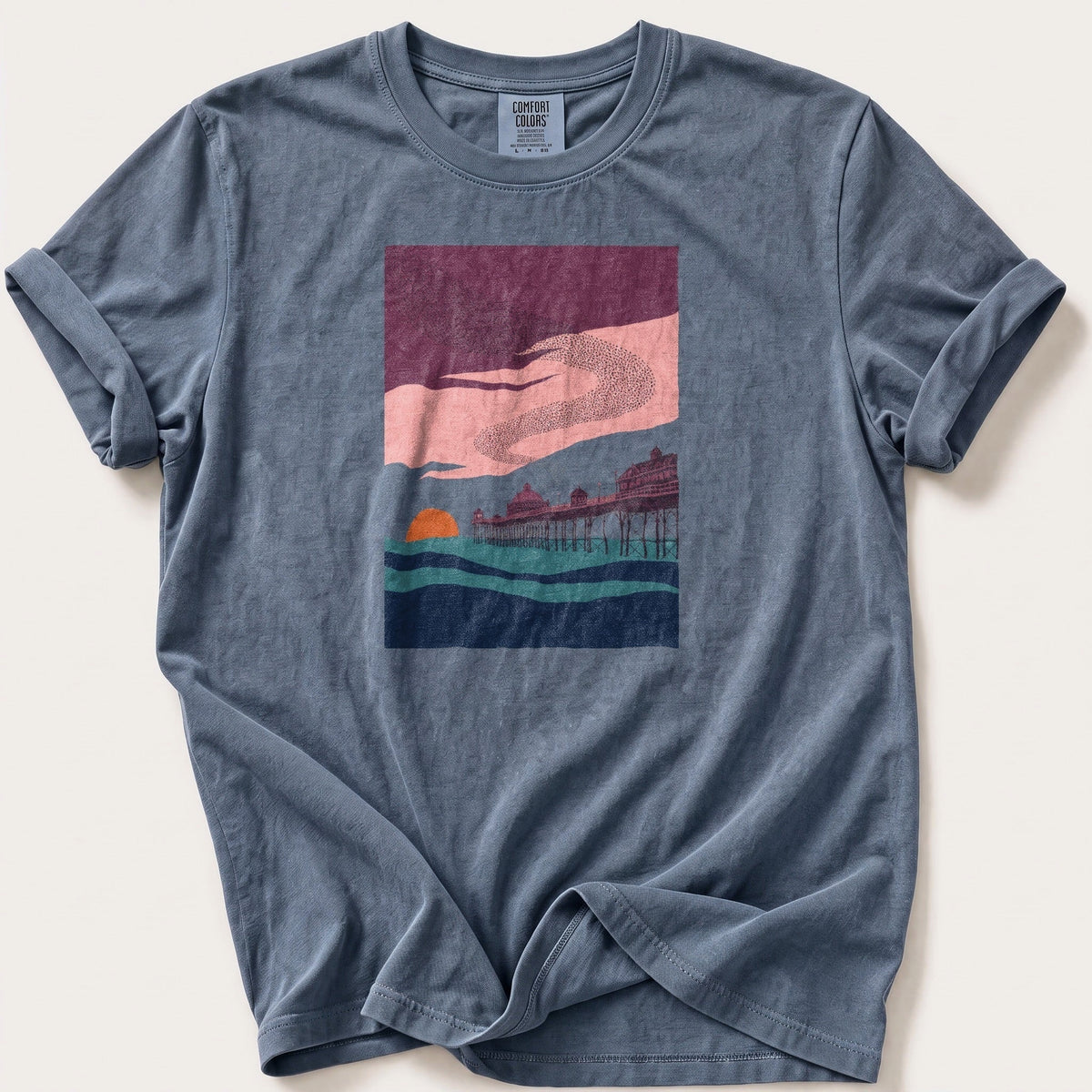 Murmuration Over The Pier — Blue Jean Comfort Colors tee