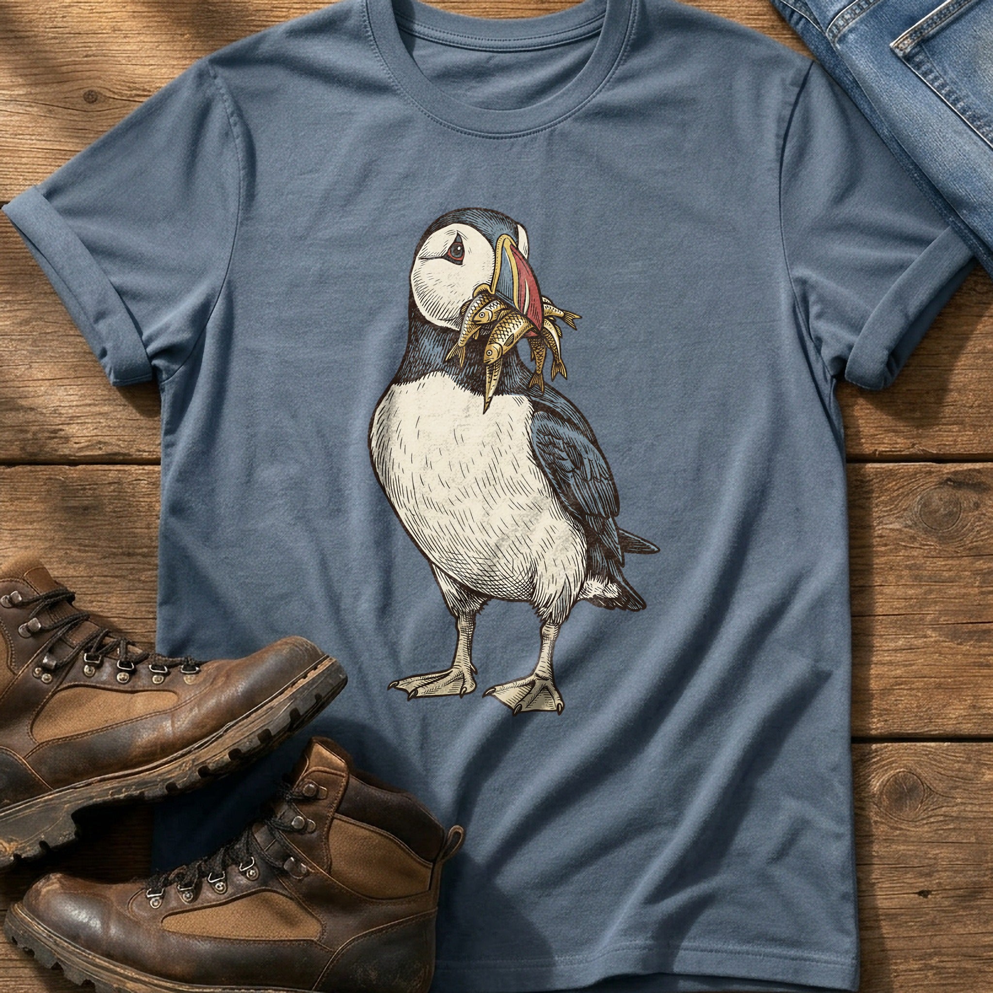 Puffin And Fish 12 — Blue Jean Comfort Colors tee