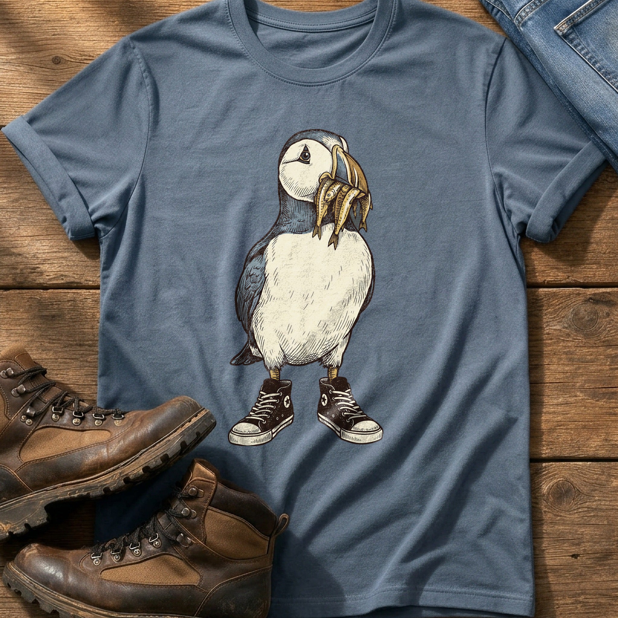 Puffin And Fish 77 — Blue Jean Comfort Colors tee