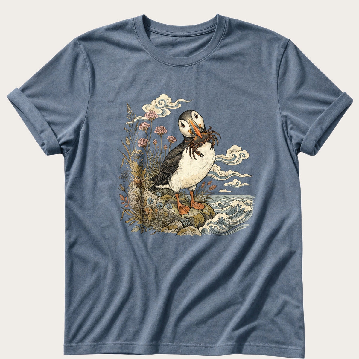 Puffin With Crab 4 — Blue Jean Comfort Colors tee