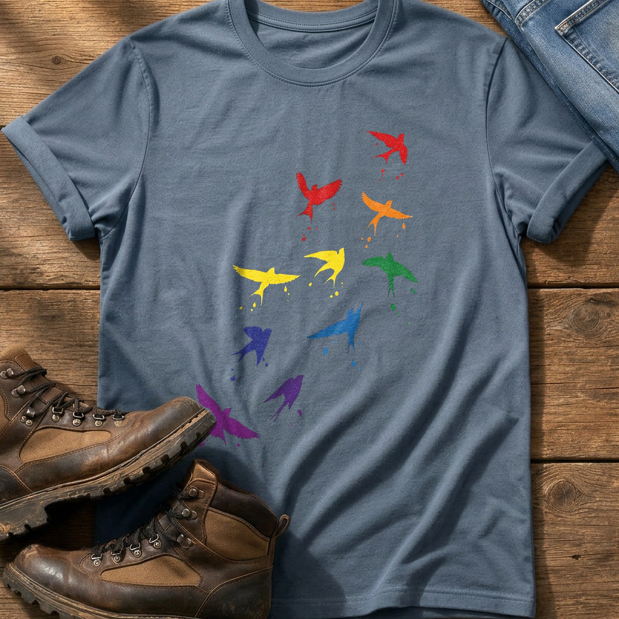Rainbow birds — Blue Jean Comfort Colors tee