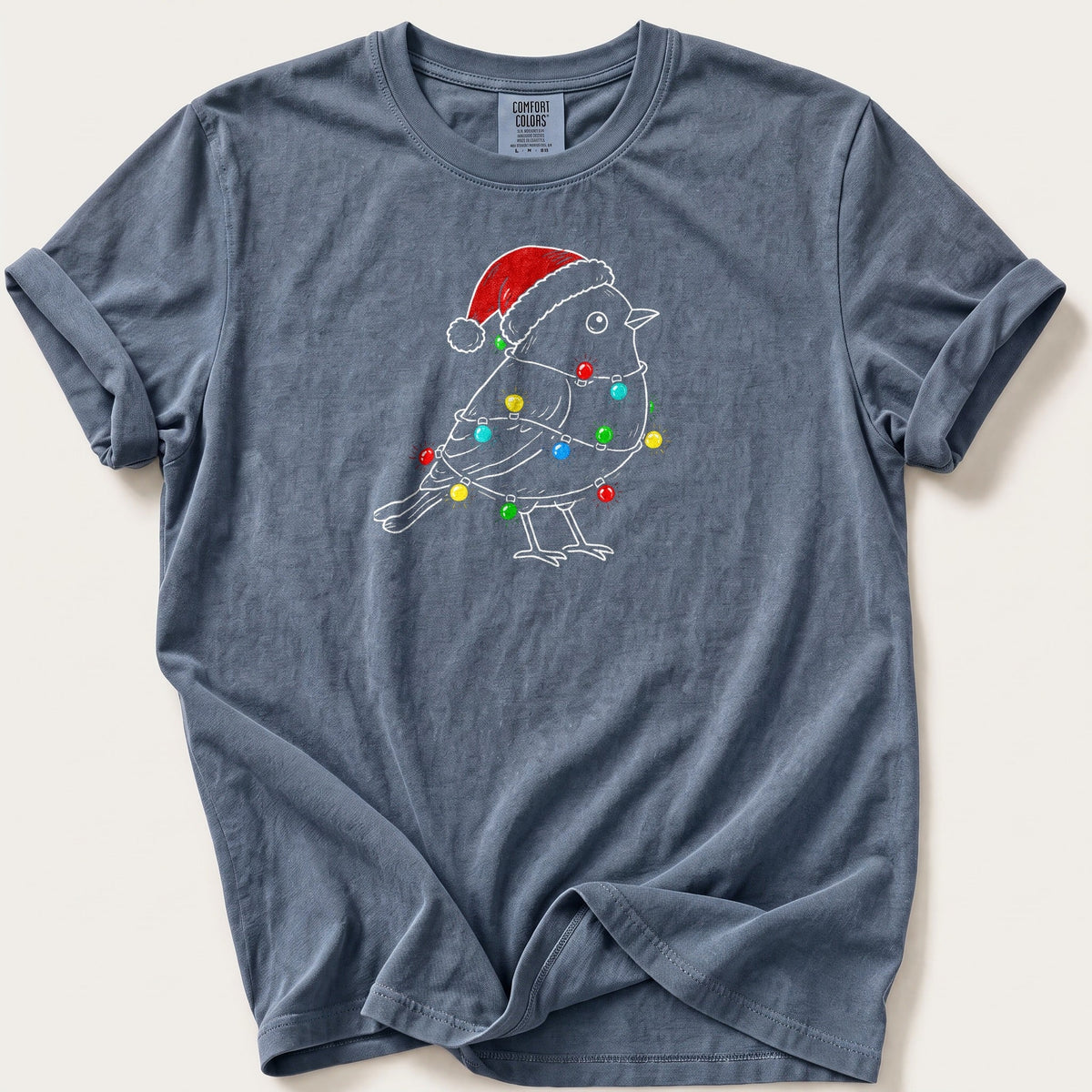 Robin In Fairy Lights Outline — Blue Jean Comfort Colors tee