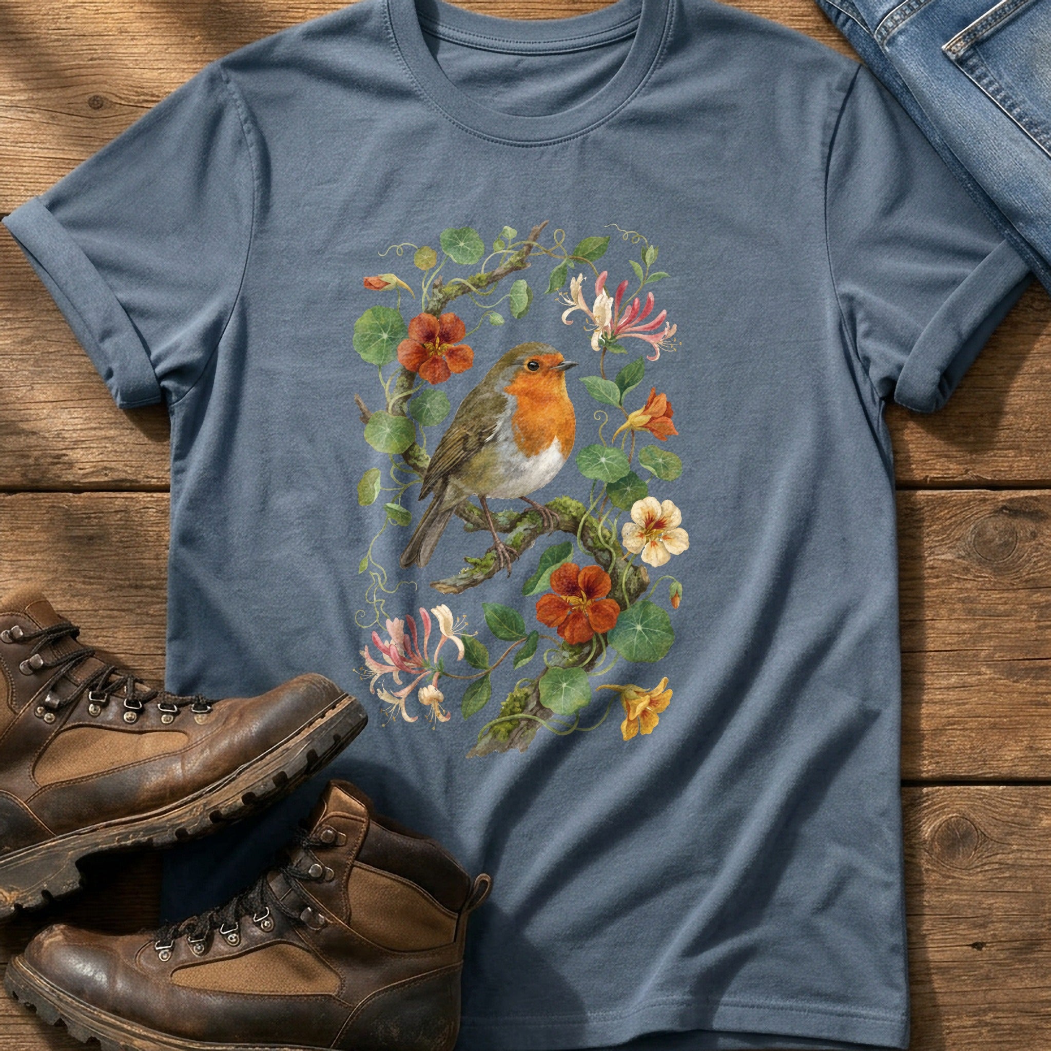 Robin & Nasturtiums — Blue Jean Comfort Colors tee