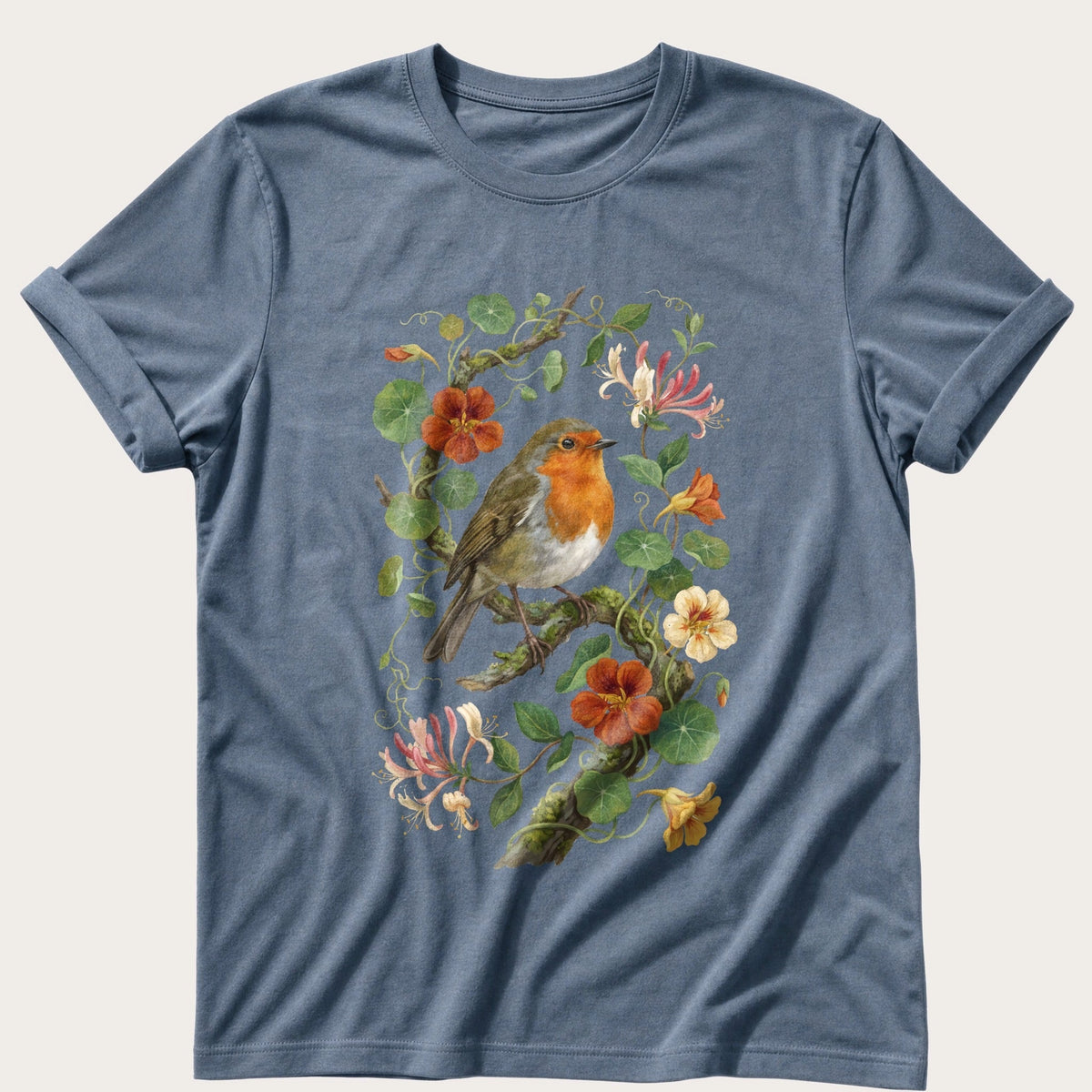 Robin & Nasturtiums — Blue Jean Comfort Colors tee