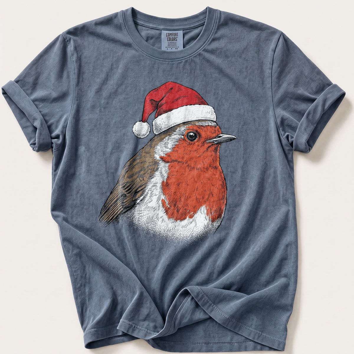 Santa Hat Robin — Blue Jean Comfort Colors tee