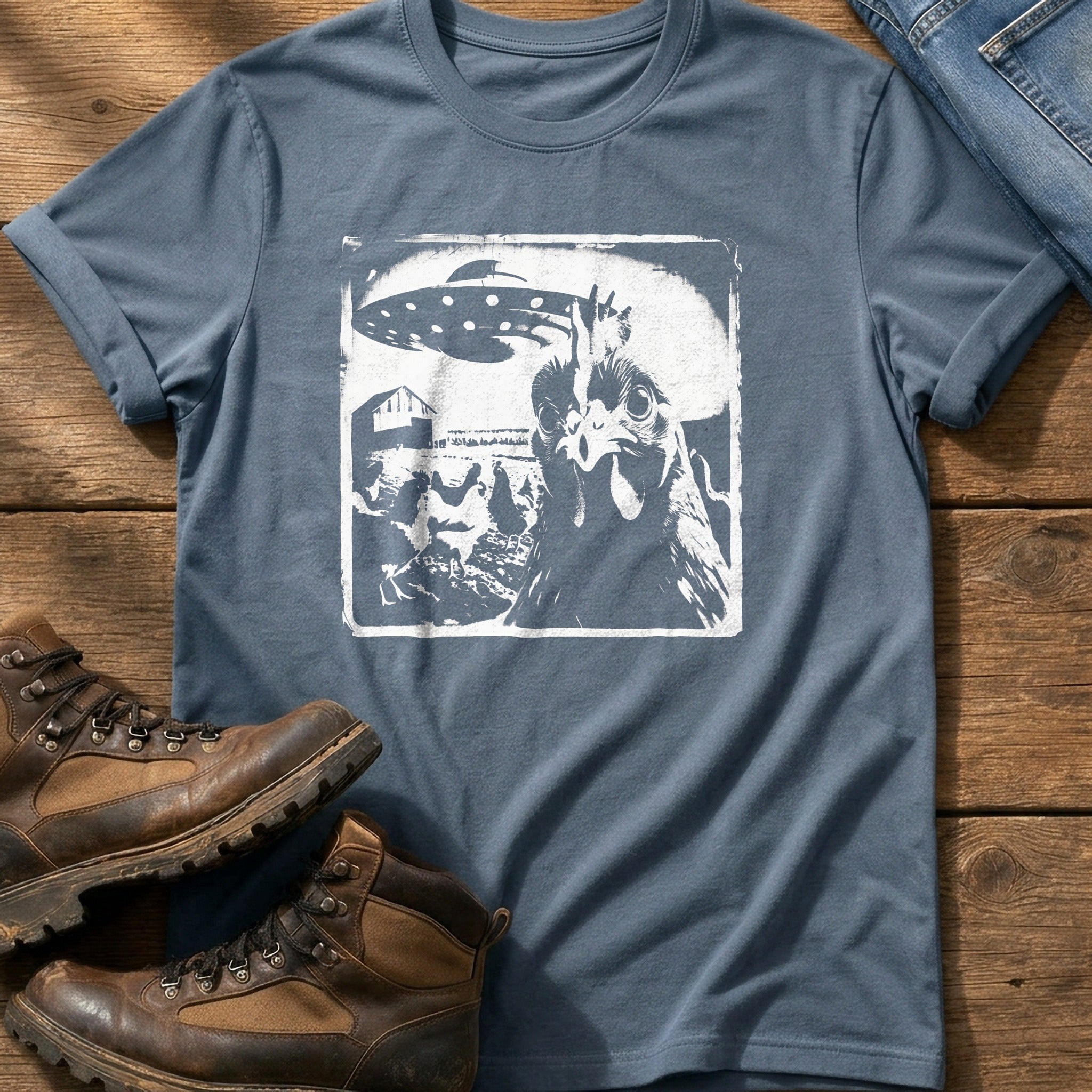 Spaceship Chicken 98 — Blue Jean Comfort Colors tee