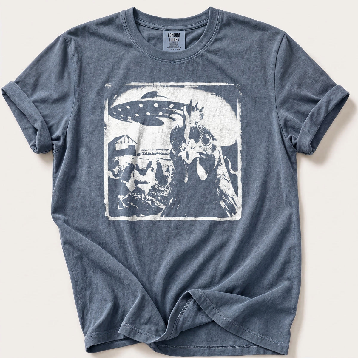 Spaceship Chicken 98 — Blue Jean Comfort Colors tee