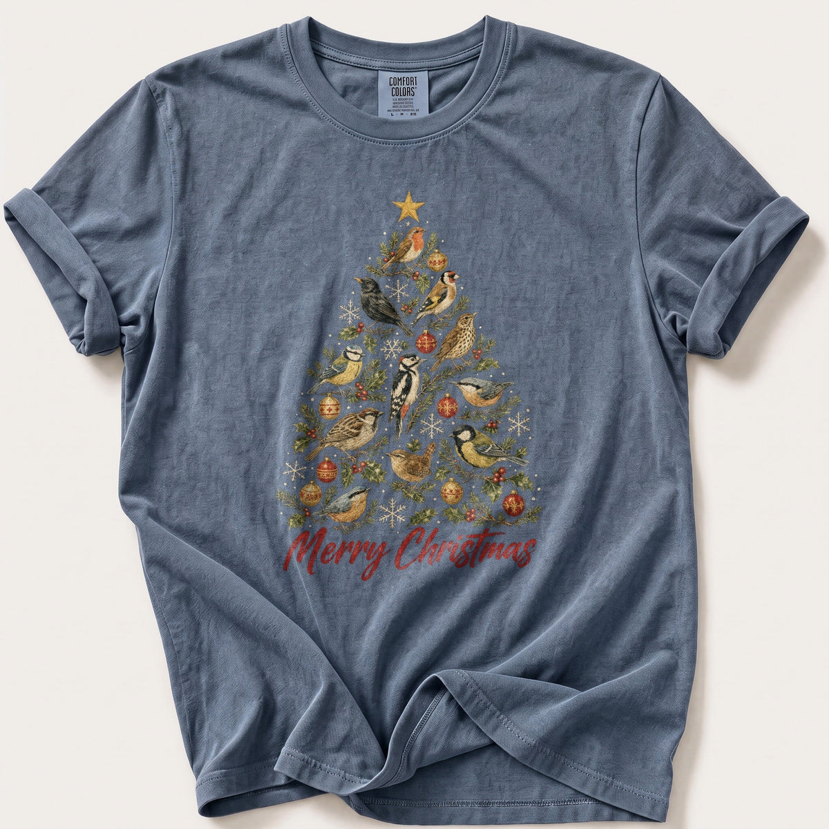 Vintage Bird Christmas Tree — Blue Jean Comfort Colors tee
