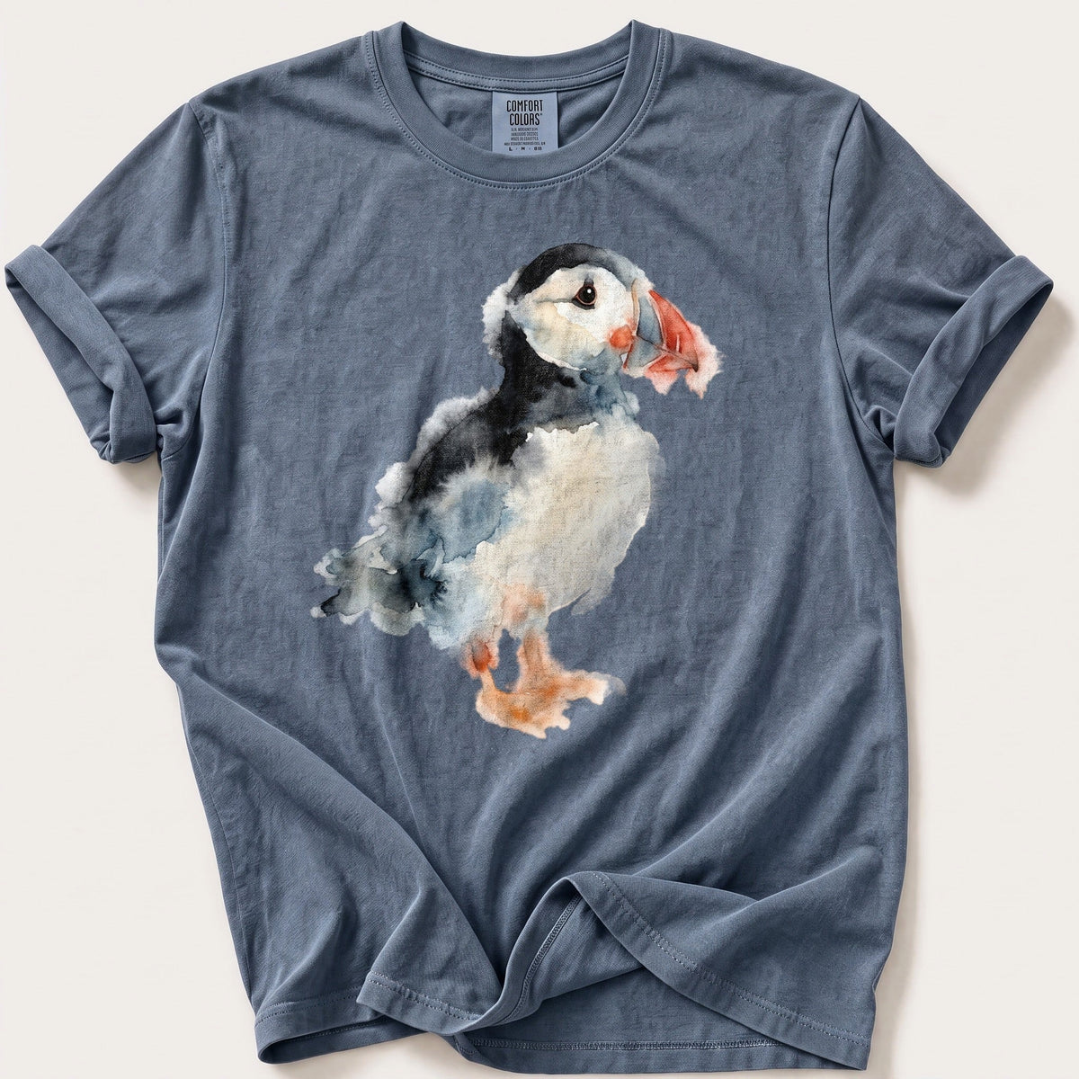 Watercolour Puffin — Blue Jean Comfort Colors tee